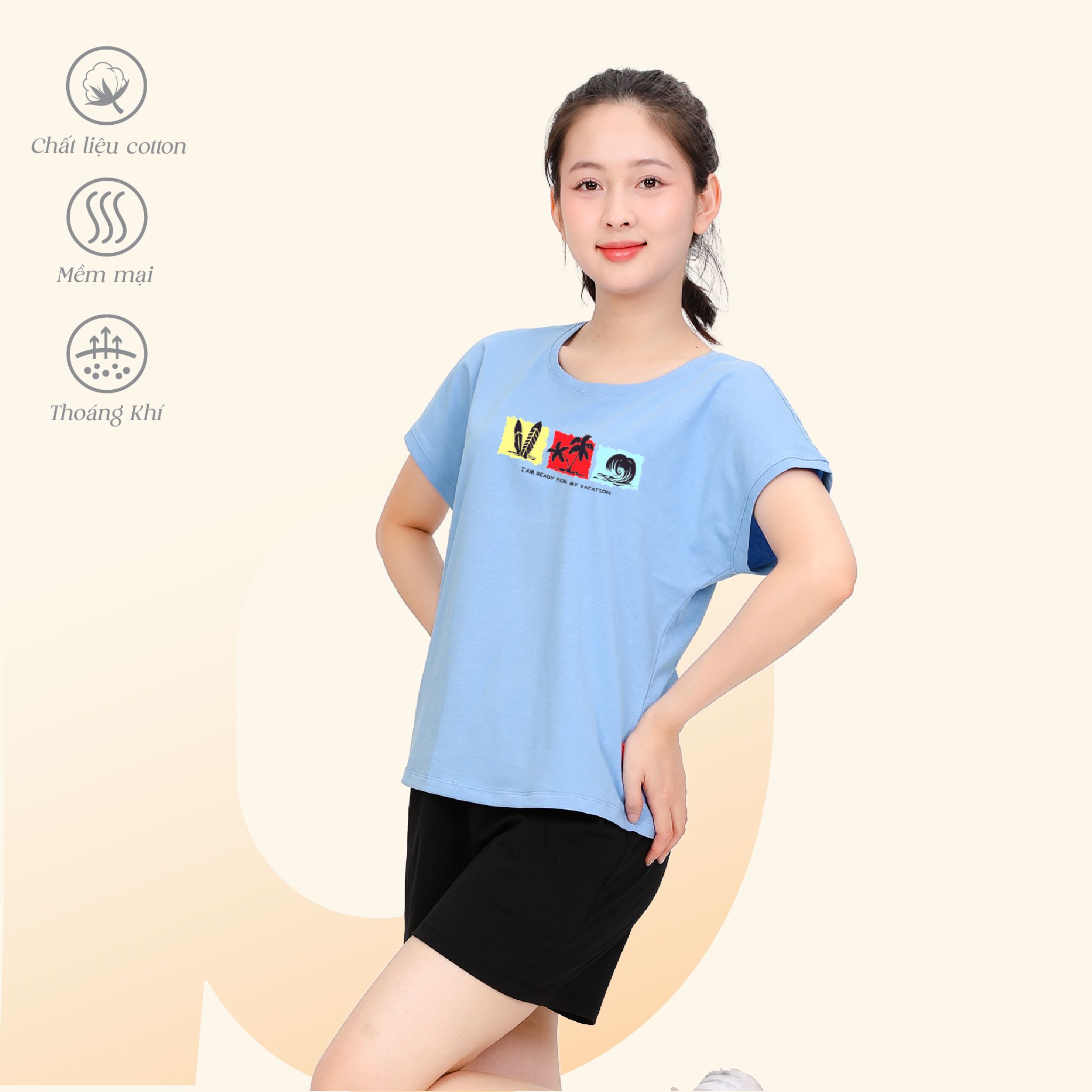 Áo thun nữ tay ngắn cổ tròn tay liền form suông chất cotton siêu mát 190p 0108