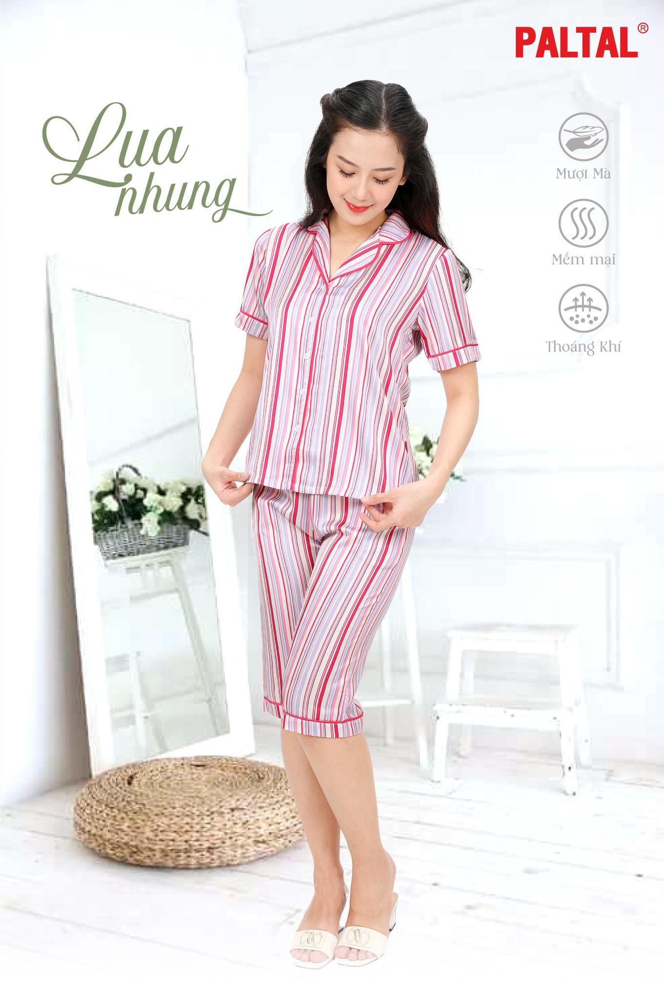 Set đồ bộ nữ kiểu quần lửng tay ngắn chất lụa nhung 264p 4296