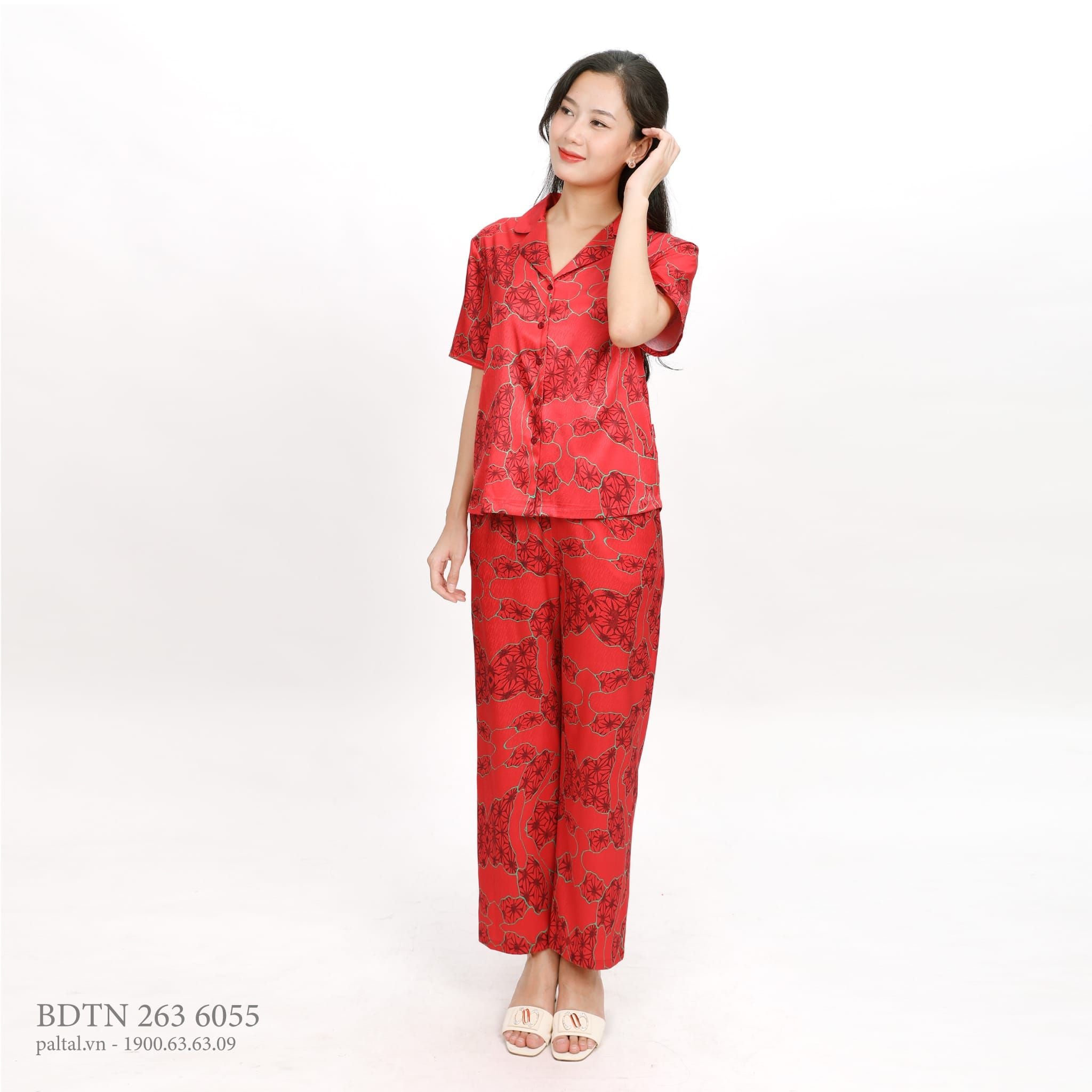 Set đồ bộ nữ kiểu quần dài tay ngắn in hoa chất lụa nhung BDTN 263p 6055
