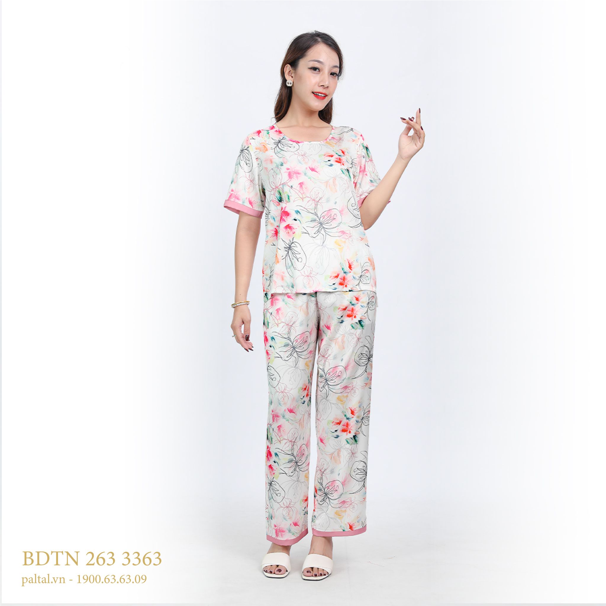 Set đồ bộ nữ kiểu quần dài tay ngắn chất lụa nhung 263p 3363