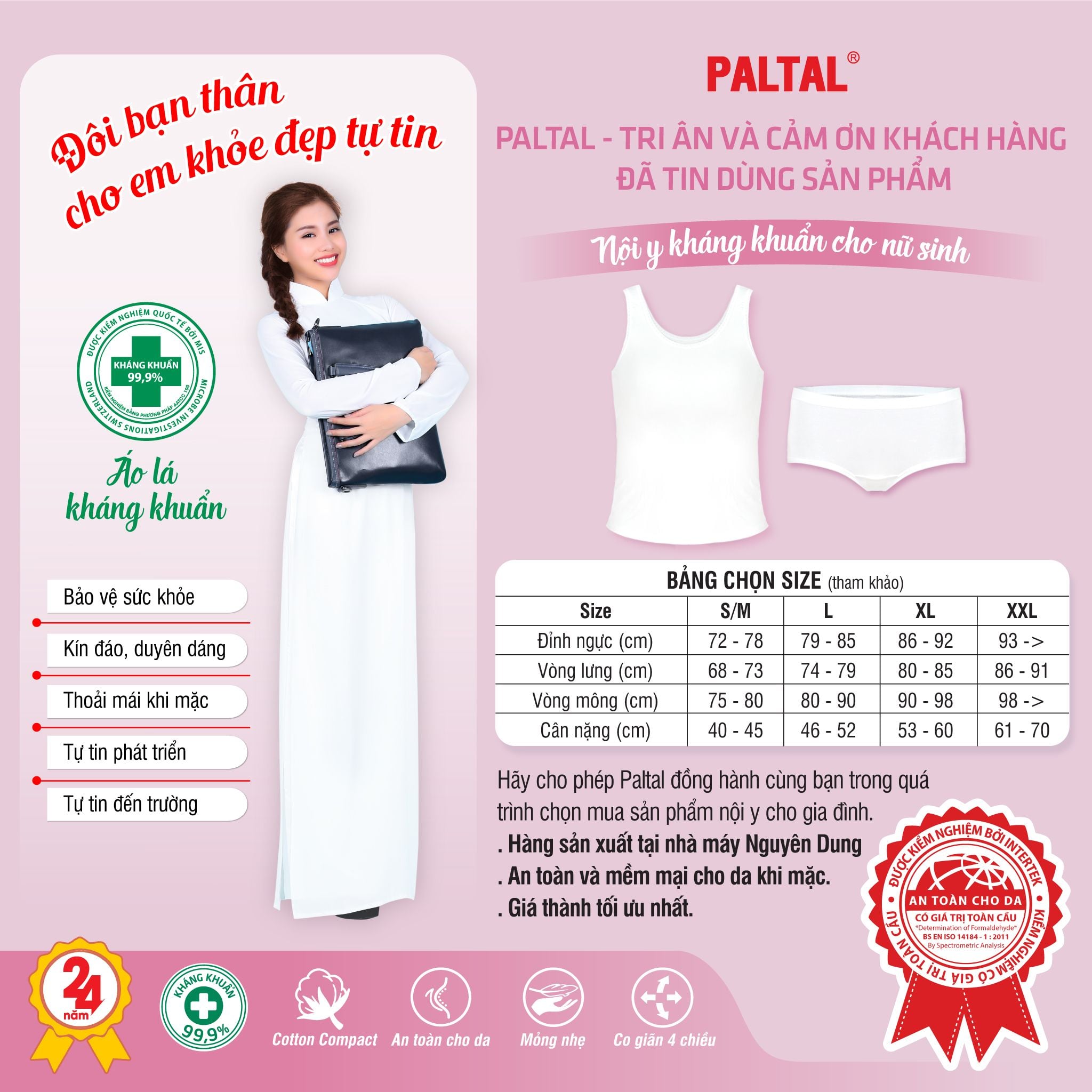 Combo áo lá nữ sinh  quần lót nữ  kháng khuẩn cấp 2 chất cotton compact mỏng nhẹ 029p 8934 & 027p 8330