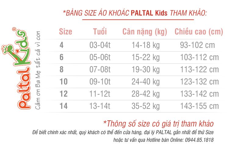 Cách Chọn Size Áo khoác em bé, trẻ em PALTAL Kids