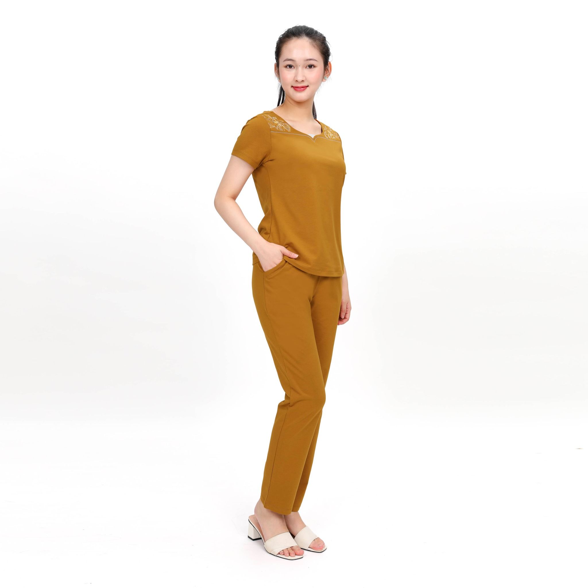 Set đồ bộ nữ kiểu quần dài tay ngắn cotton cvc mát 193p 3345