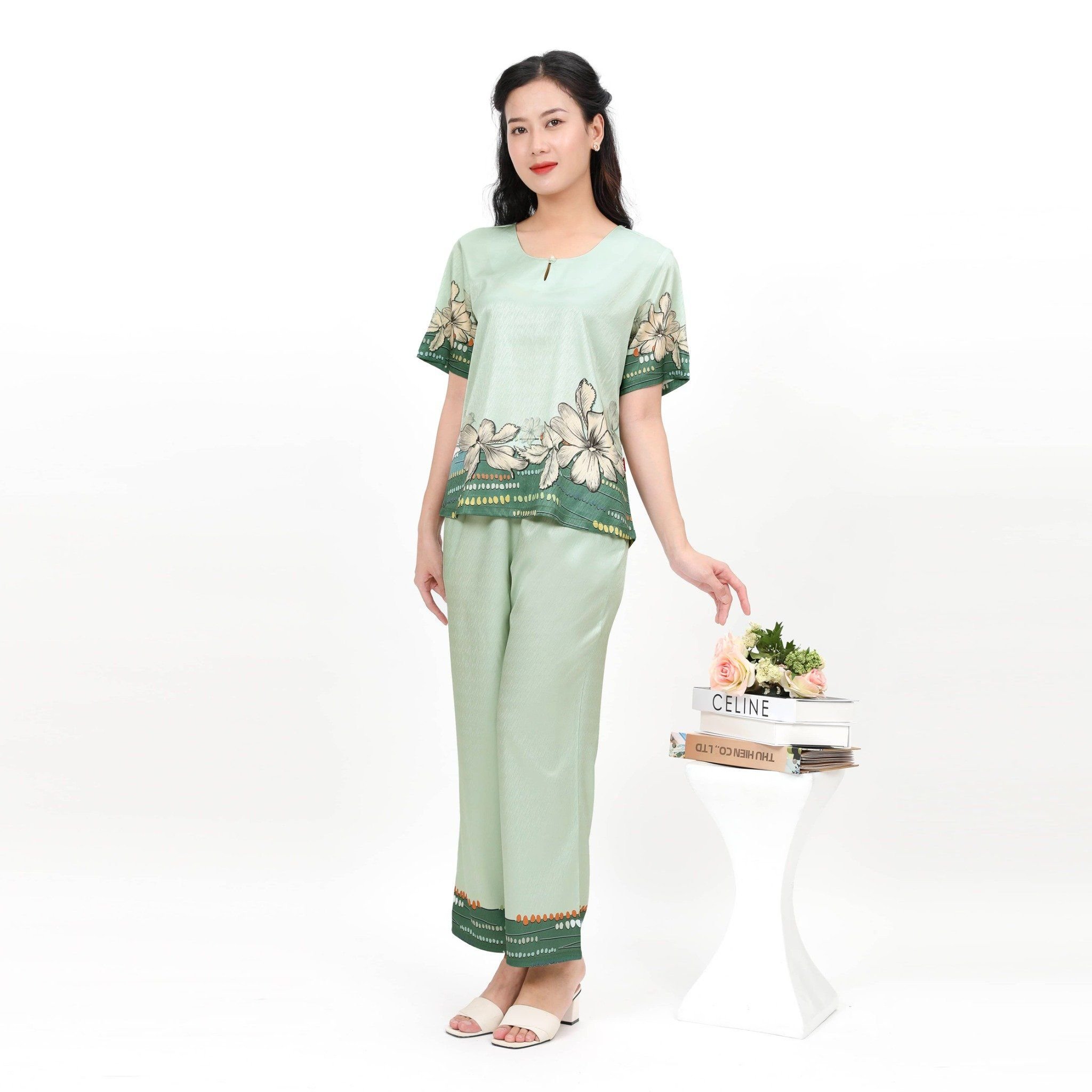 Set đồ bộ nữ kiểu quần dài tay ngắn chất lụa nhung 263p 6012