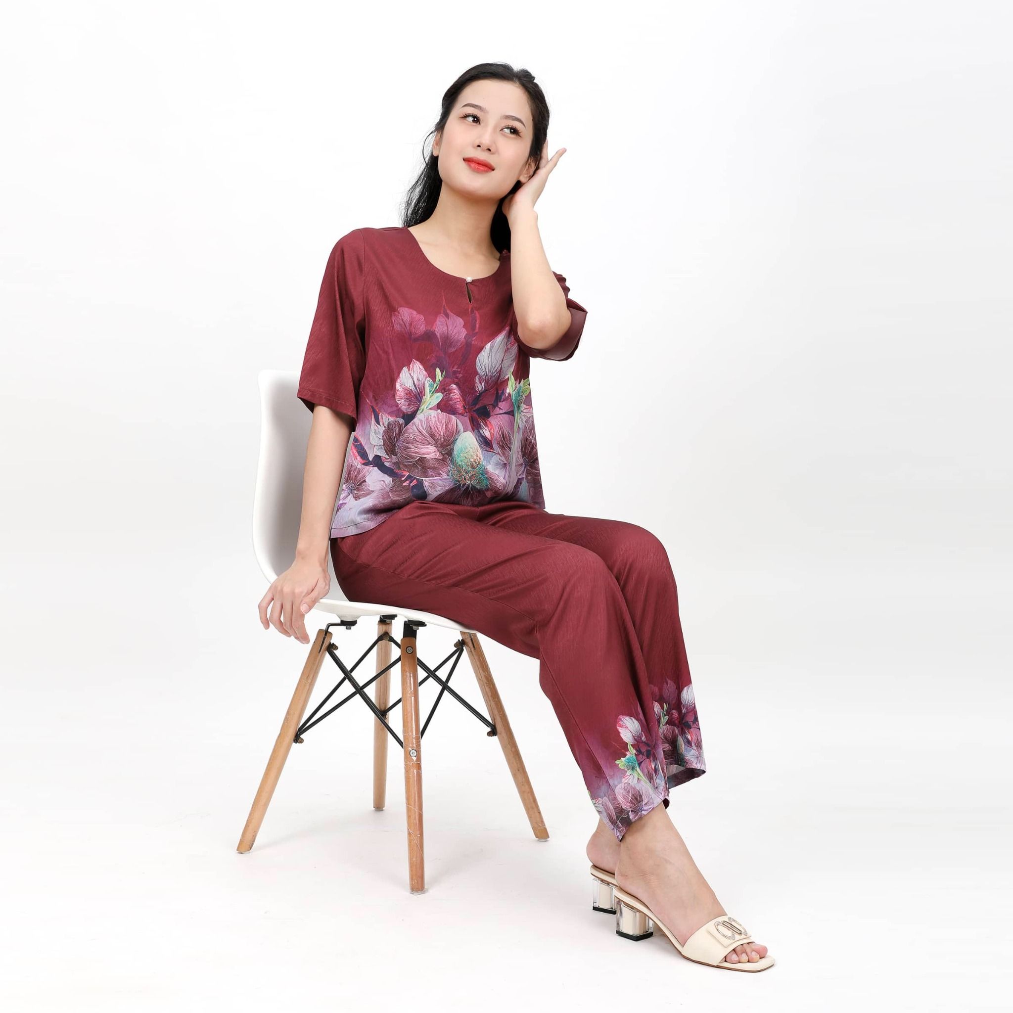 Set đồ bộ nữ kiểu quần dài tay ngắn chất lụa nhung 263p 6050