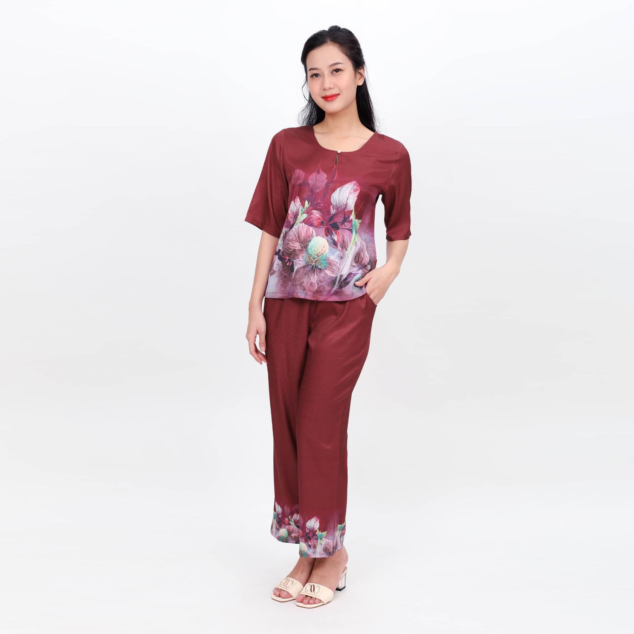 Set đồ bộ nữ kiểu quần dài tay ngắn chất lụa nhung 263p 6050