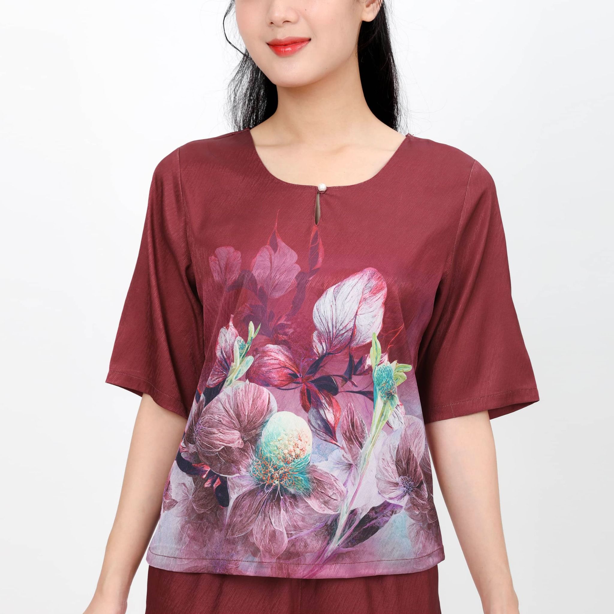 Set đồ bộ nữ kiểu quần dài tay ngắn chất lụa nhung 263p 6050