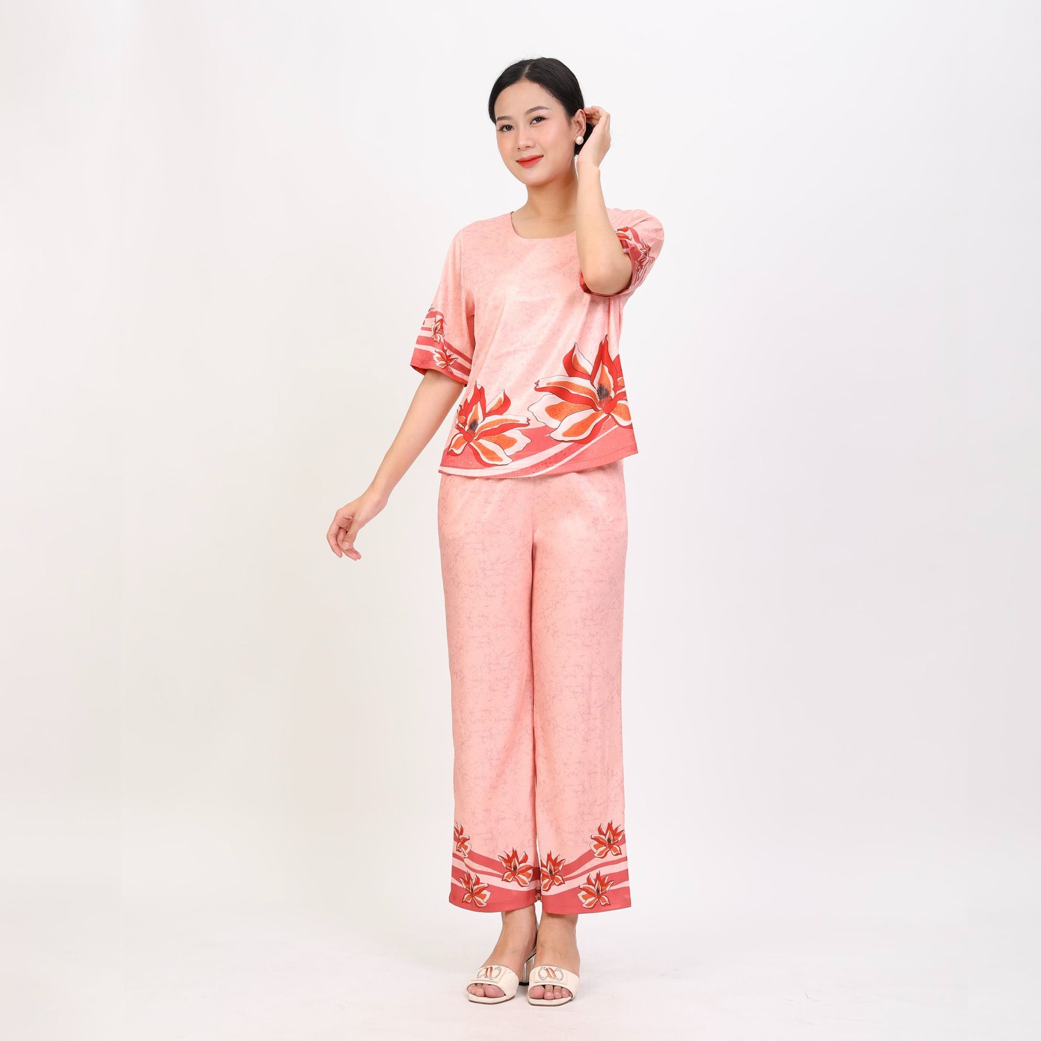 Set đồ bộ nữ kiểu quần dài tay ngắn chất lụa nhung 263p 6057