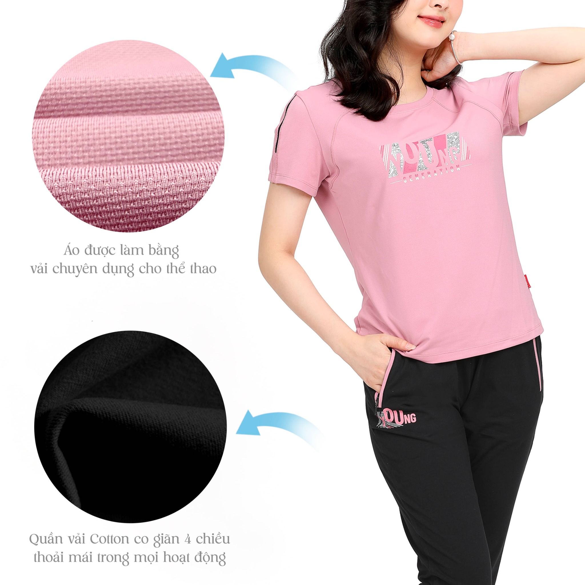 Set đồ bộ nữ kiểu quần dài tay ngắn thể thao 3 trong 1 chất poly cát 313p 3372