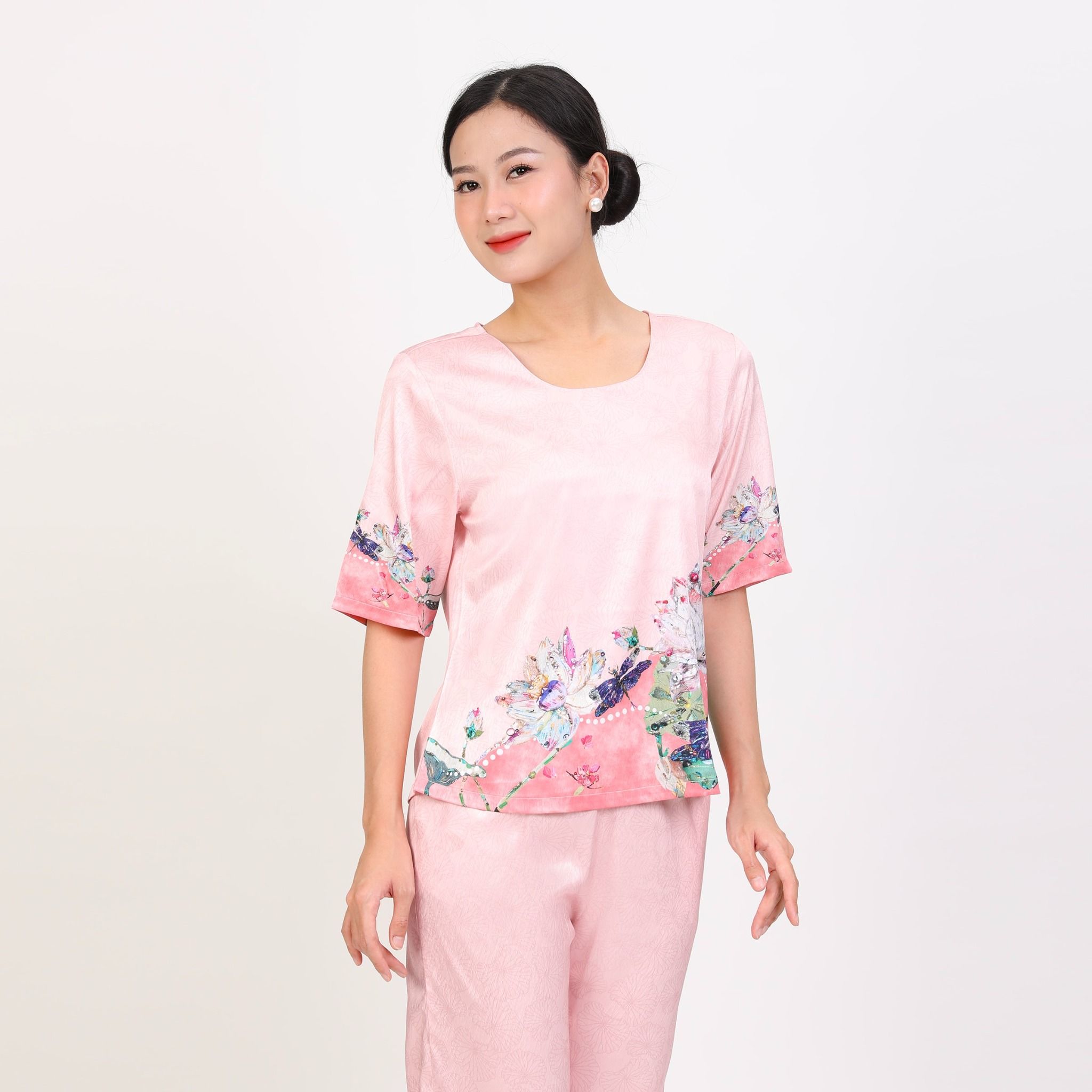 Set đồ bộ nữ kiểu quần dài tay ngắn chất lụa nhung 263p 6058