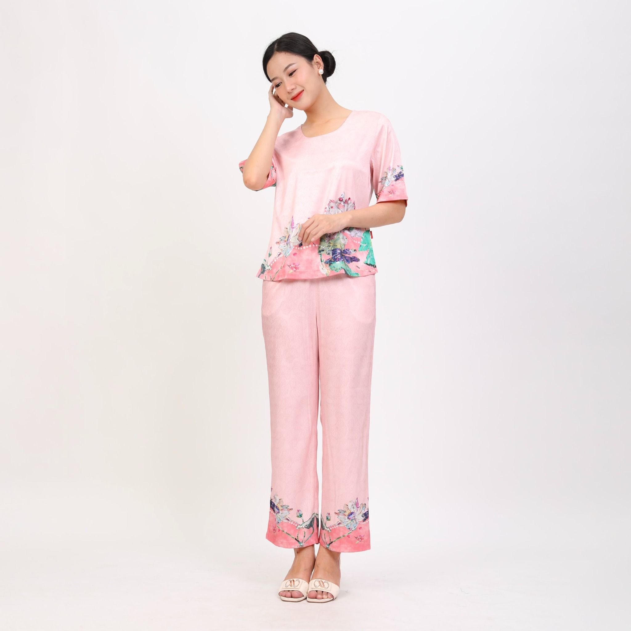 Set đồ bộ nữ kiểu quần dài tay ngắn chất lụa nhung 263p 6058