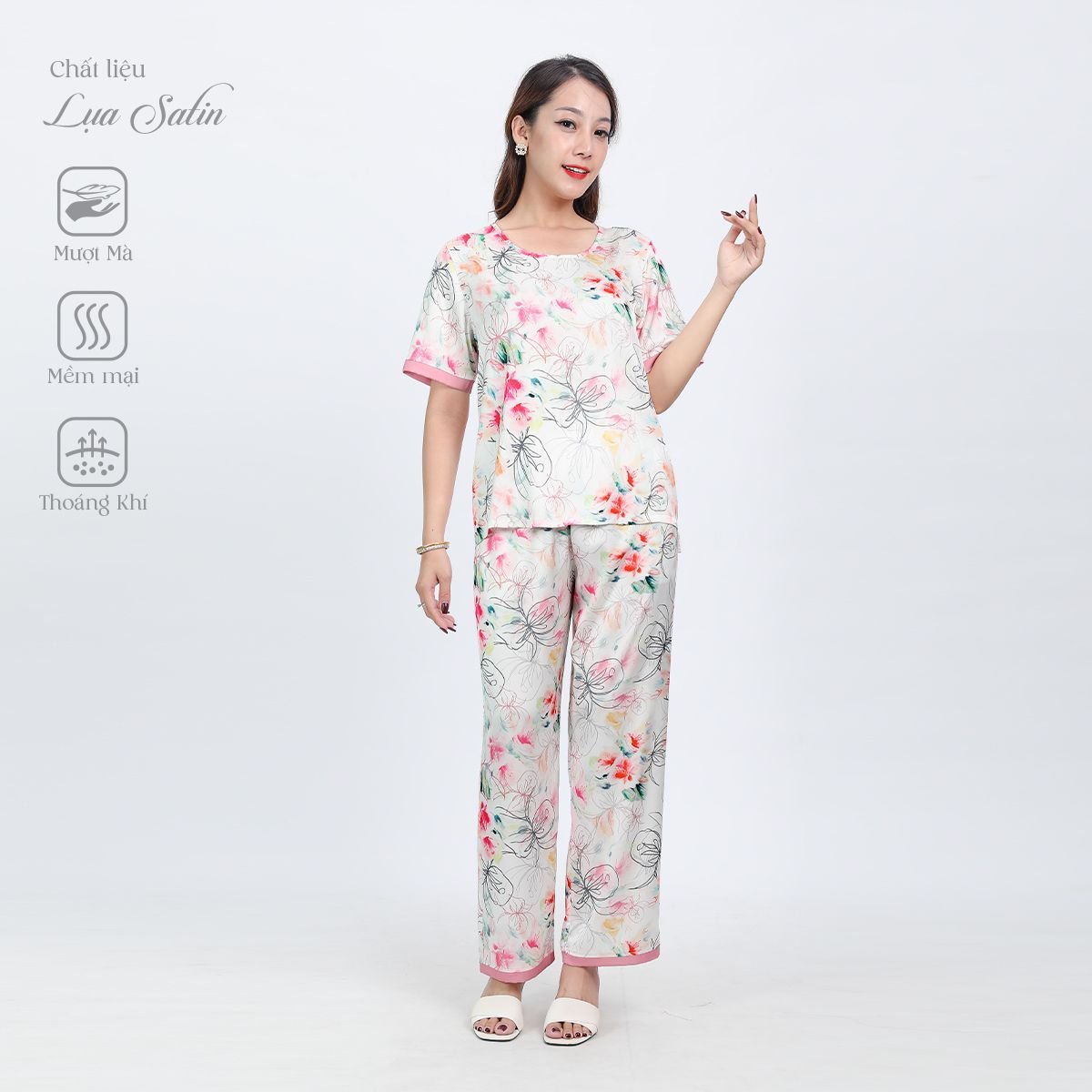 Set đồ bộ nữ kiểu quần dài tay ngắn chất lụa nhung 263p 3363