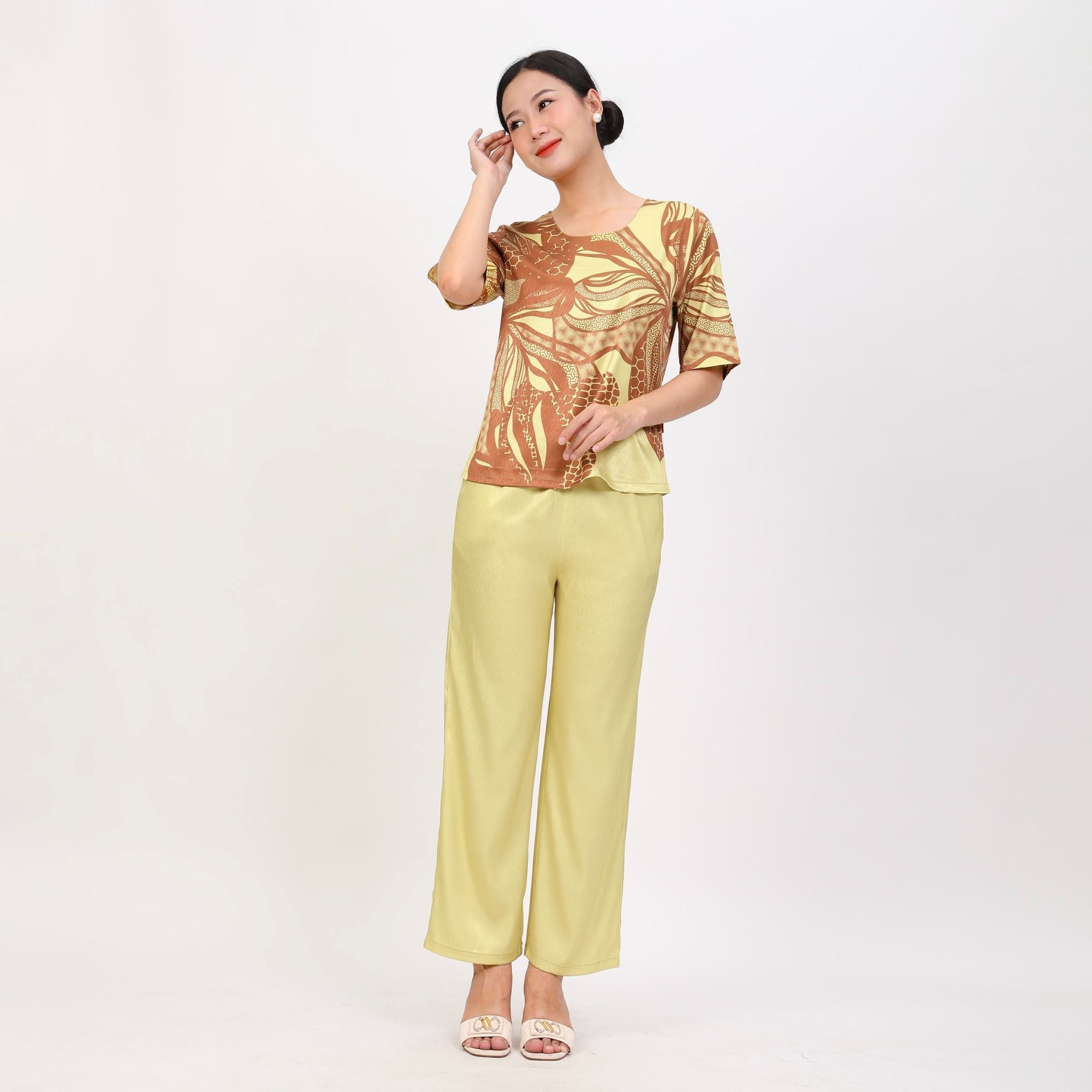 Set đồ bộ nữ kiểu quần dài tay ngắn chất lụa nhung 263p 6066