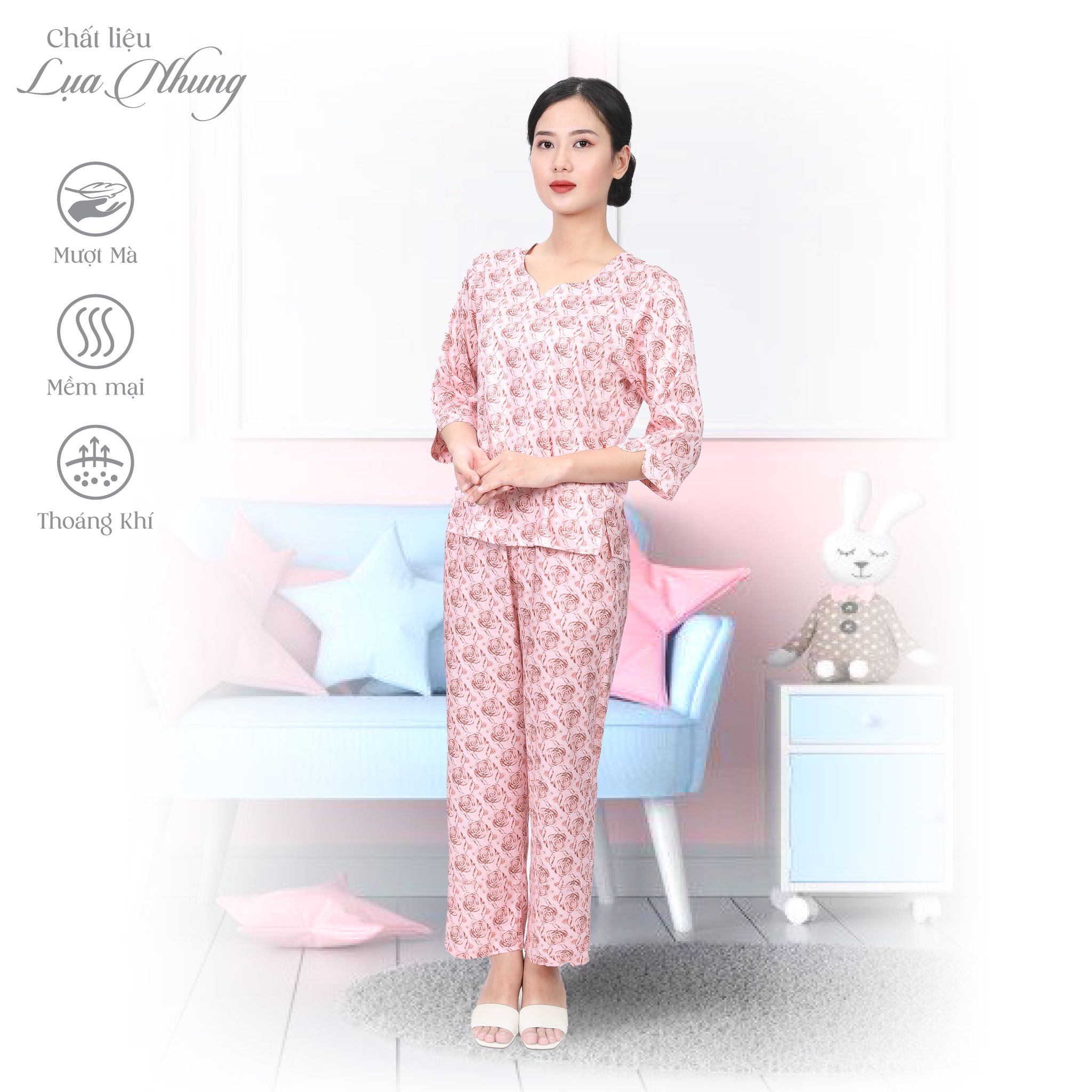 Set đồ bộ nữ kiểu quần dài tay lỡ chất lụa nhung 263p 6001