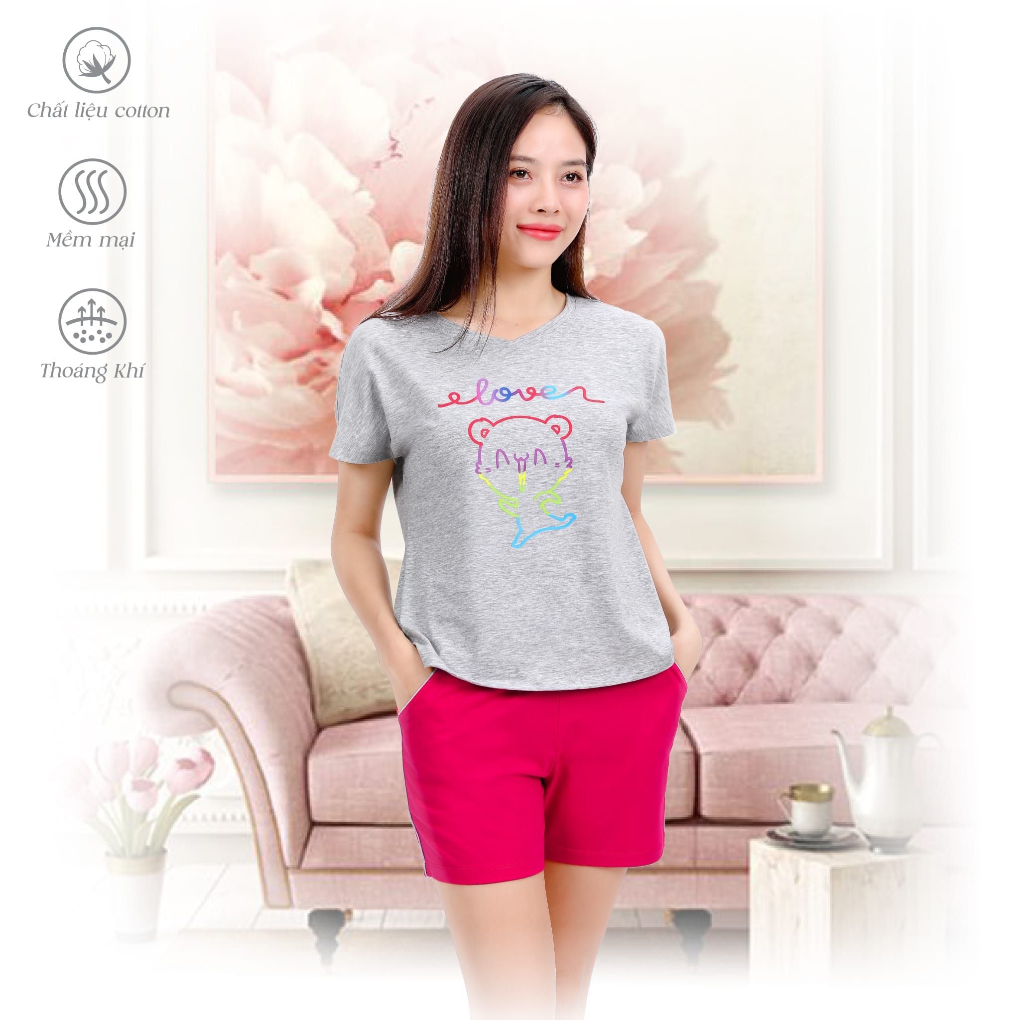 Set đồ bộ nữ kiểu quần đùi tay ngắn chất cotton siêu mát 195p 5180