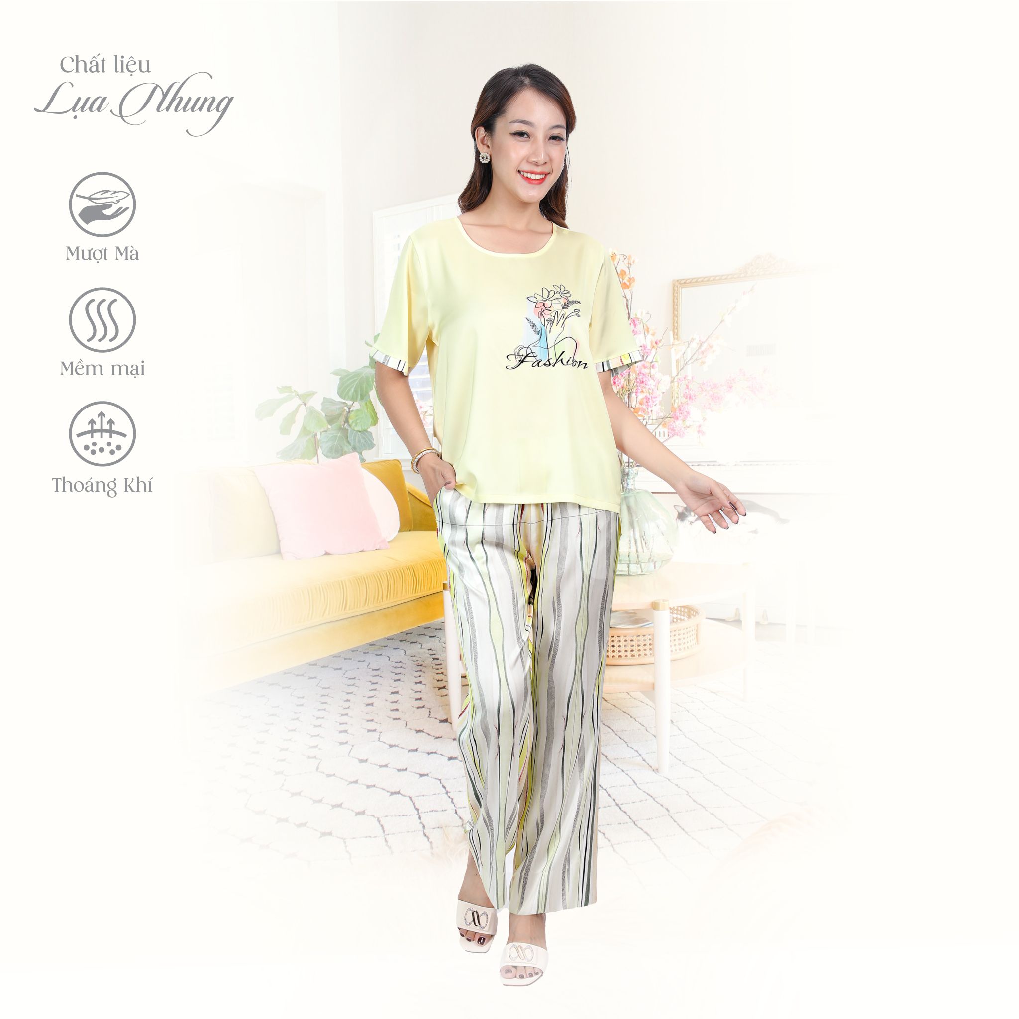 Set đồ bộ nữ kiểu quần dài tay ngắn chất lụa nhung 263p 3348