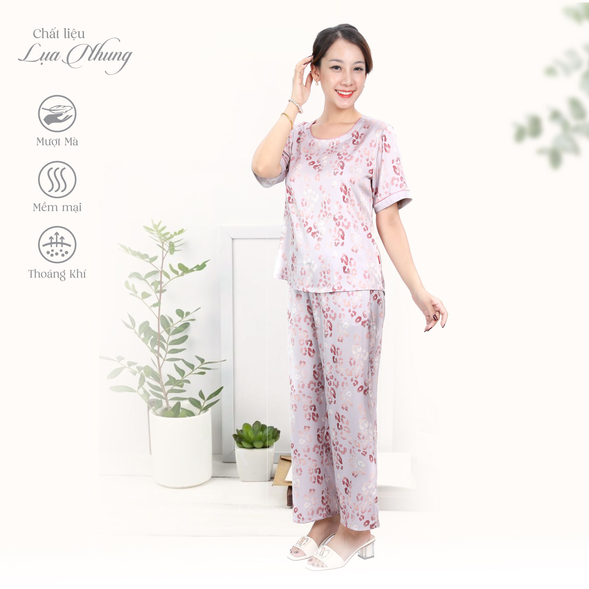 Set đồ bộ nữ kiểu quần dài tay ngắn chất lụa nhung 263p 3350
