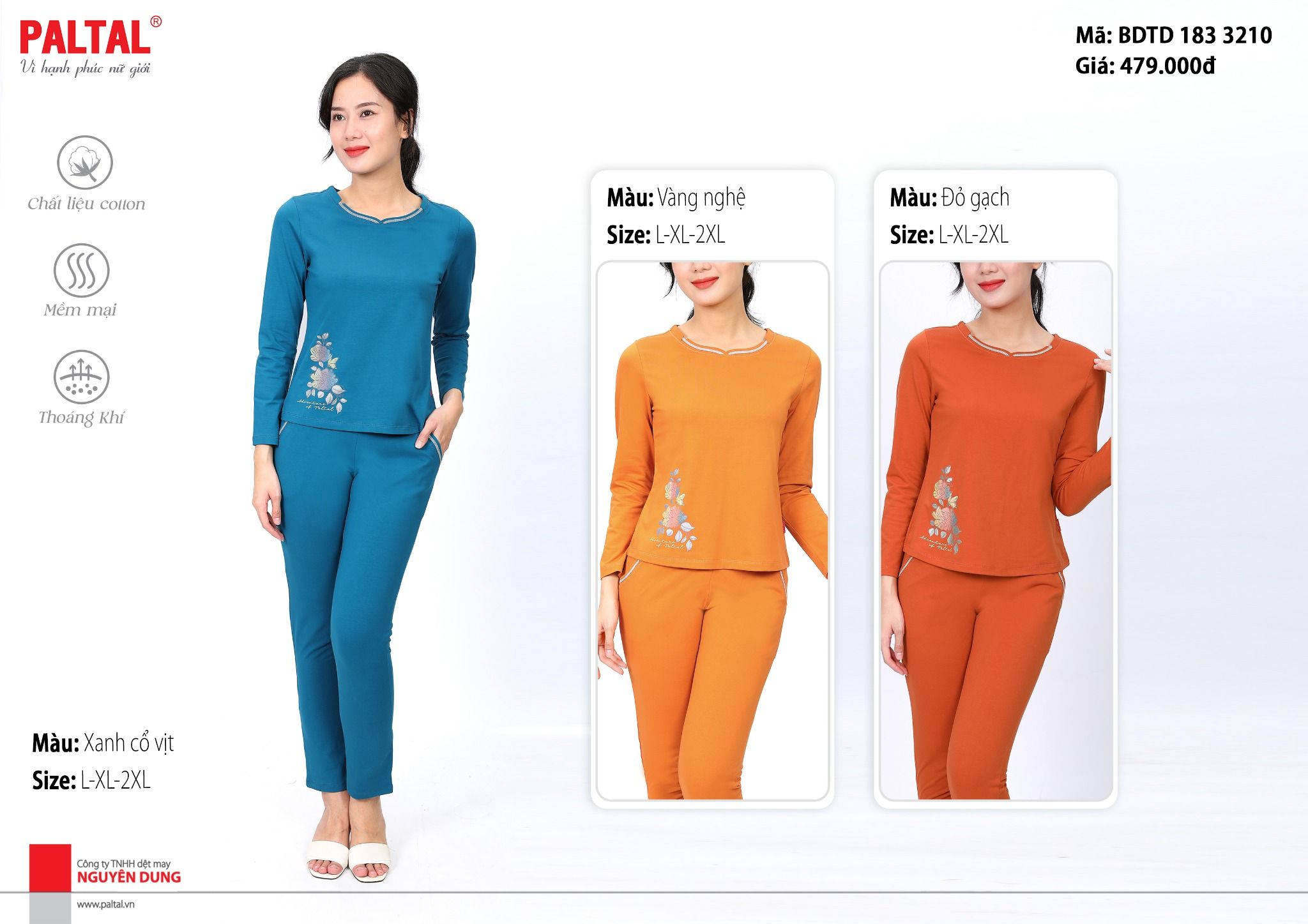 Set đồ bộ nữ kiểu quần dài tay dài cotton cvc mát 183p 3210