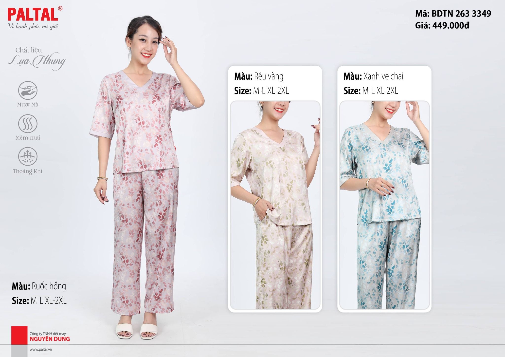 Set đồ bộ nữ kiểu quần dài tay ngắn chất lụa nhung 263p 3349