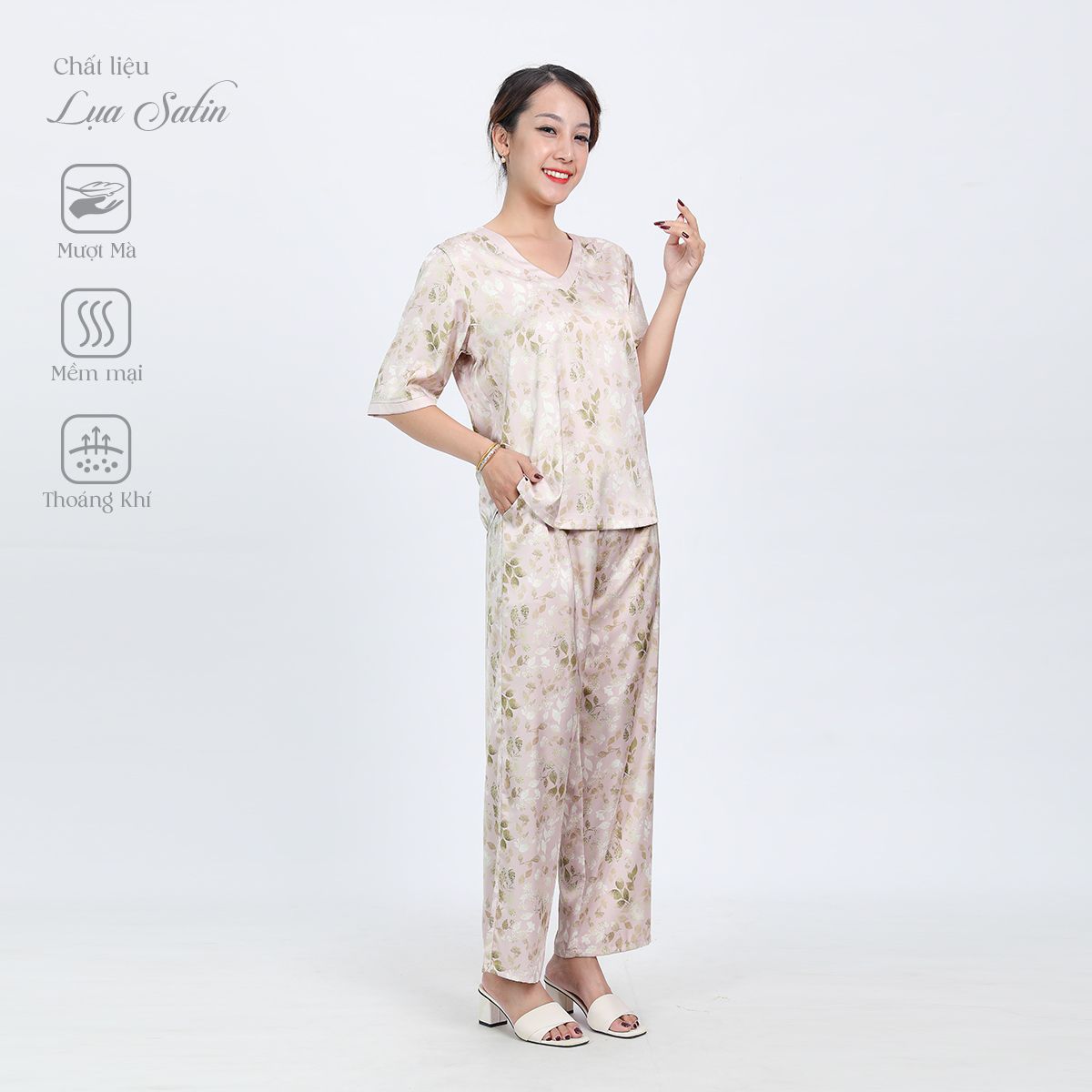 Set đồ bộ nữ kiểu quần dài tay ngắn chất lụa nhung 263p 3349