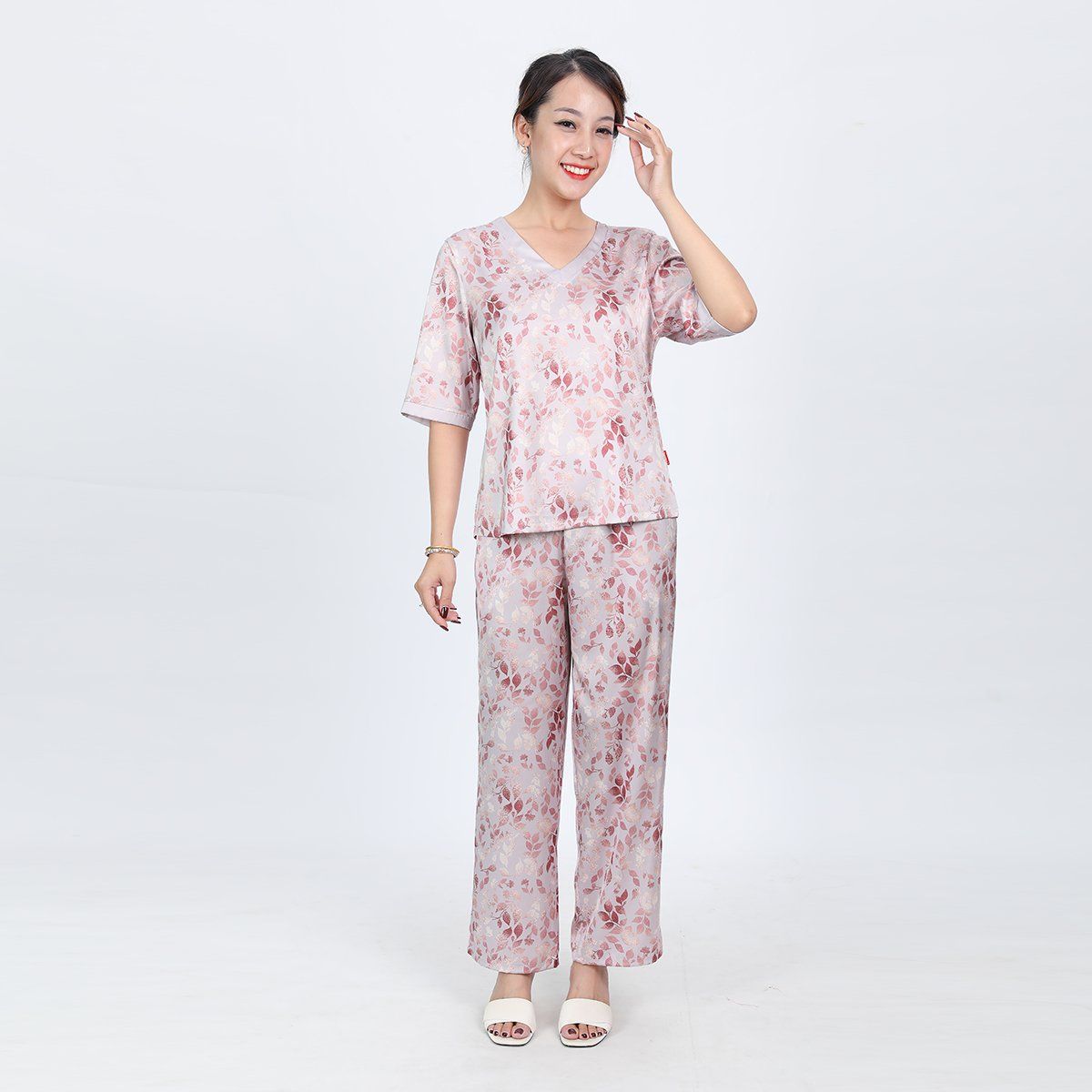 Set đồ bộ nữ kiểu quần dài tay ngắn chất lụa nhung 263p 3349