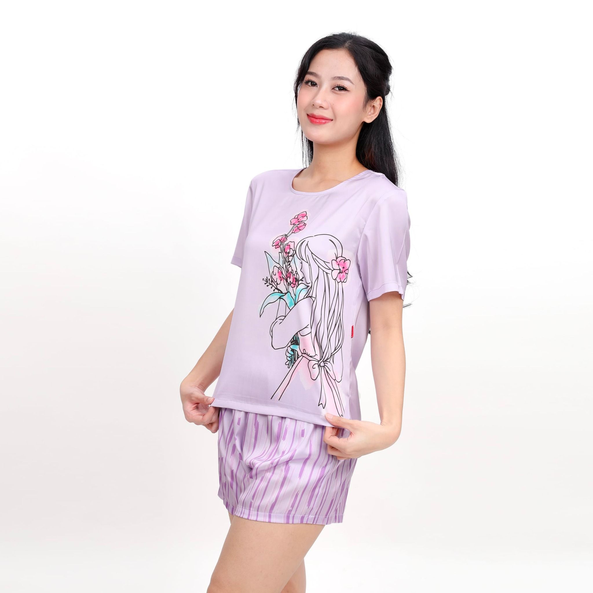 Set đồ bộ nữ kiểu quần đùi tay ngắn chất lụa nhung 265p 2108
