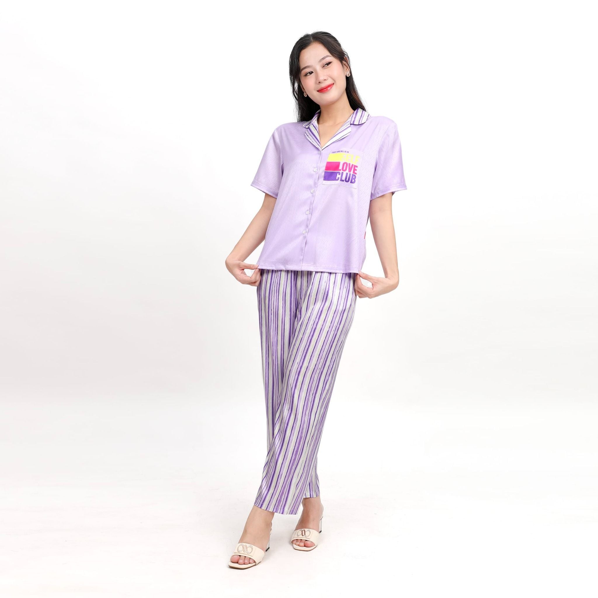 Set đồ bộ nữ kiểu quần dài tay ngắn in hoa chất lụa nhung BDTN 263p 6056