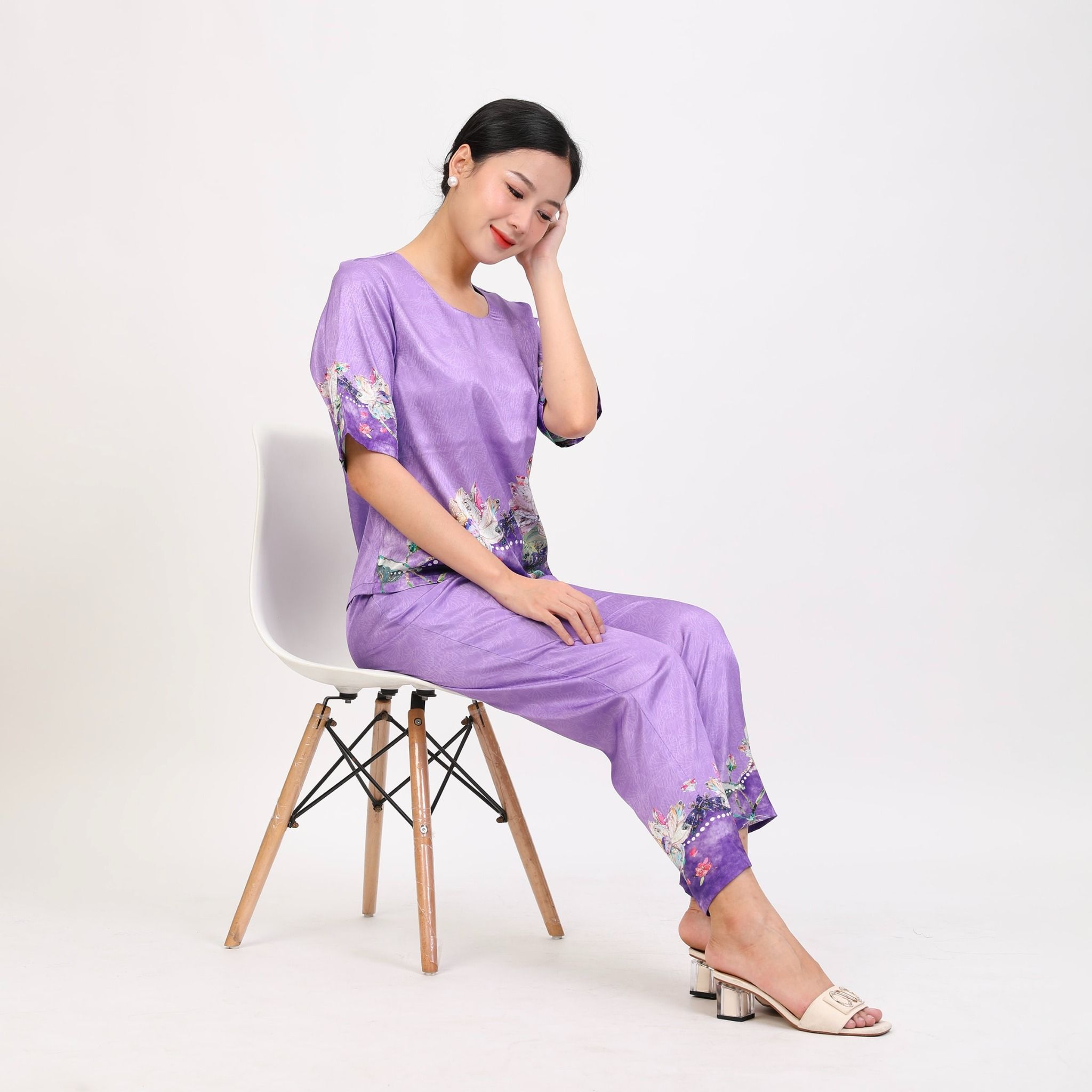 Set đồ bộ nữ kiểu quần dài tay ngắn chất lụa nhung 263p 6058