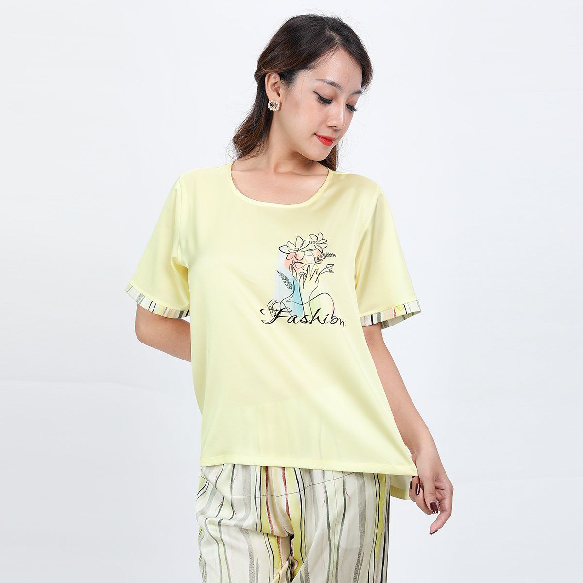 Set đồ bộ nữ kiểu quần dài tay ngắn chất lụa nhung 263p 3348