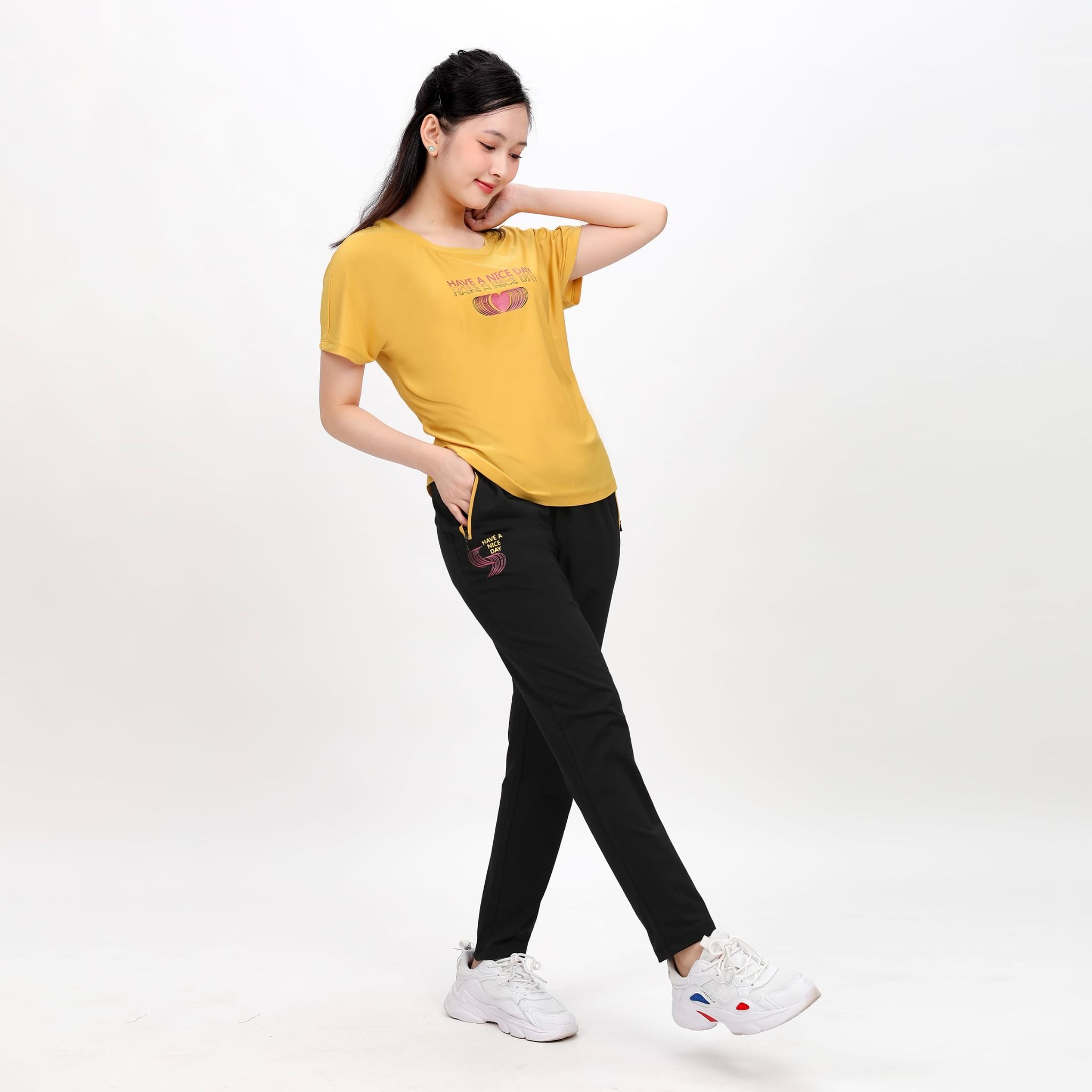 Set đồ bộ nữ kiểu quần dài tay ngắn thể thao 3 trong 1 chất nhung lạnh 153p 6006