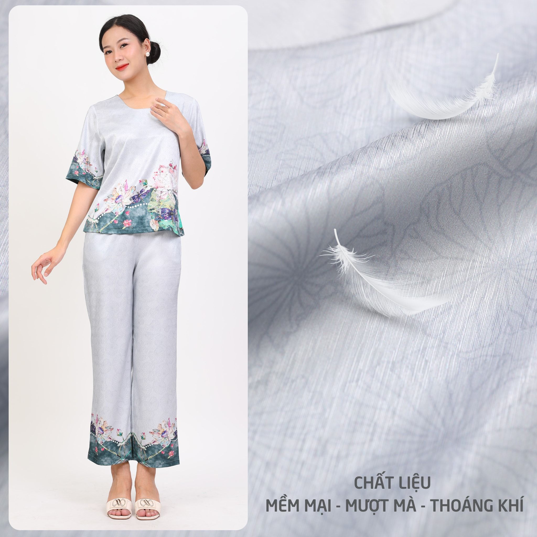 Set đồ bộ nữ kiểu quần dài tay ngắn chất lụa nhung 263p 6058