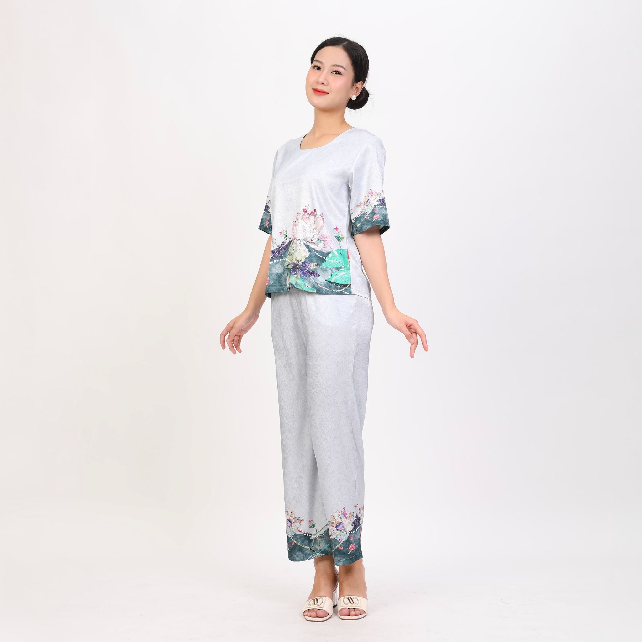 Set đồ bộ nữ kiểu quần dài tay ngắn chất lụa nhung 263p 6058