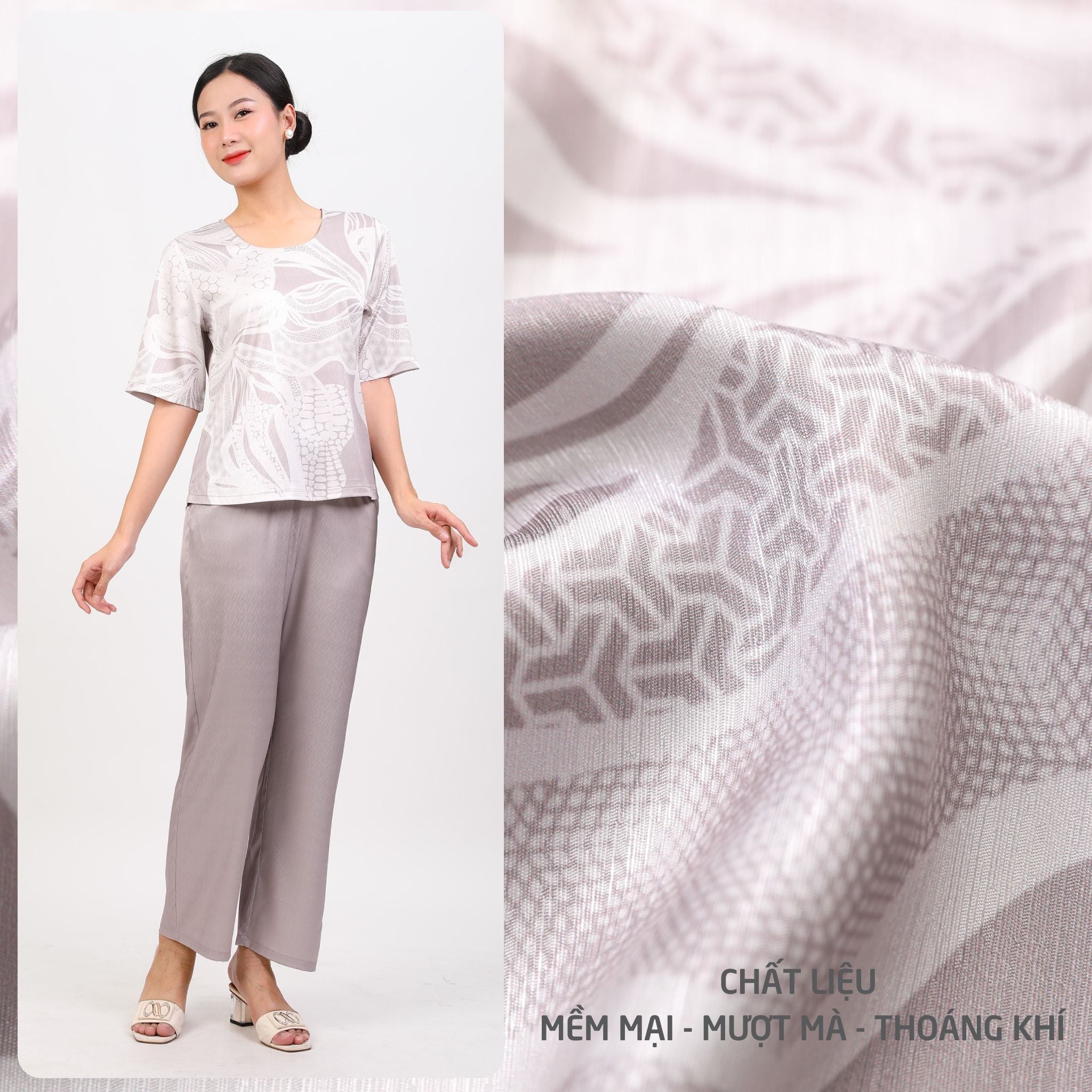 Set đồ bộ nữ kiểu quần dài tay ngắn chất lụa nhung 263p 6066