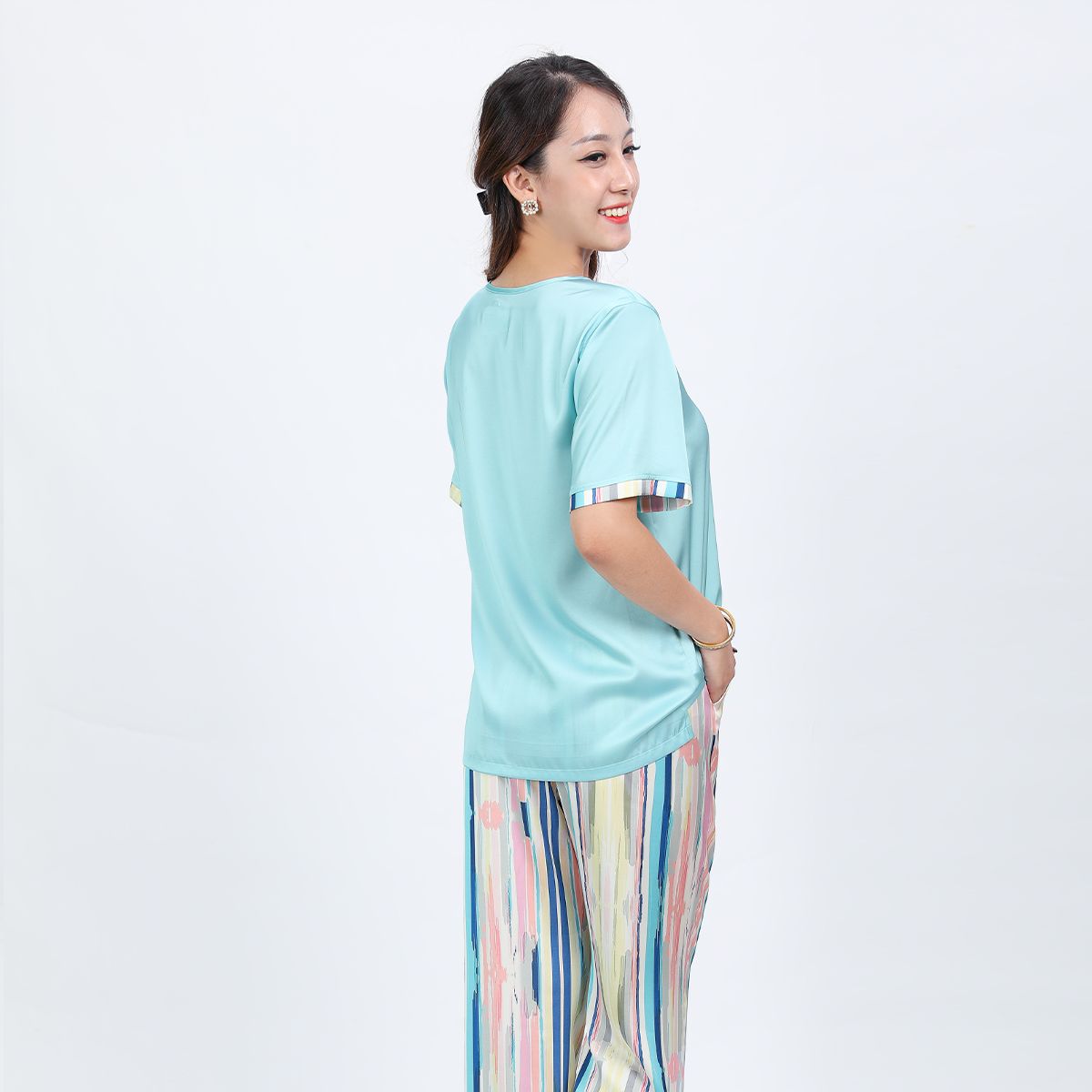 Set đồ bộ nữ kiểu quần dài tay ngắn chất lụa nhung 263p 3347