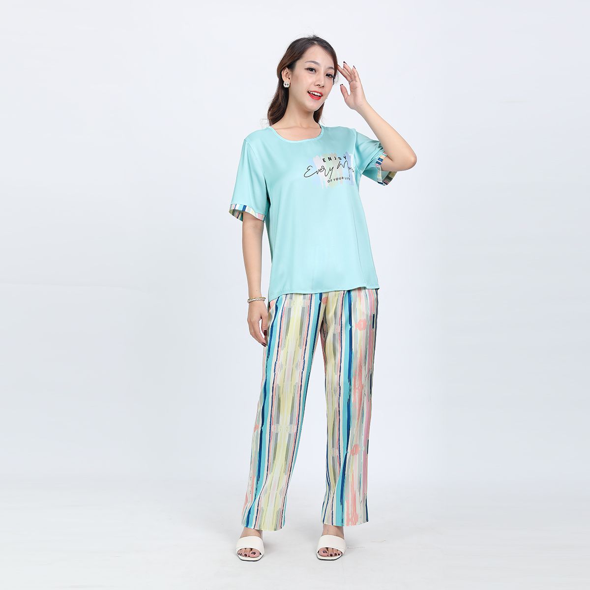 Set đồ bộ nữ kiểu quần dài tay ngắn chất lụa nhung 263p 3347