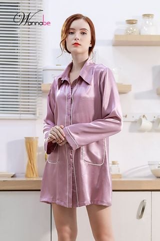 Đầm ngủ sơ mi lụa cao cấp WANNABE DNS44 váy ngủ kiểu dáng pijama rộng rãi thoải mái tay dài viền gân nổi có túi tiện lợi