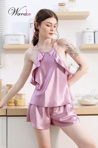 Đồ bộ mặc nhà WANNABE BSS22 đồ bộ quần sọt mặc với áo cổ yếm phối bèo gợn sóng lưng áo cut out trang trí dây khoe lưng