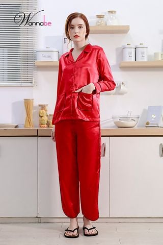 Đồ bộ mặc nhà pijama nữ WANNABE BDS44 đồ bộ quần dài phối áo tay dài trang trí hai túi bo tròn xinh xắn nữ tính quý phái