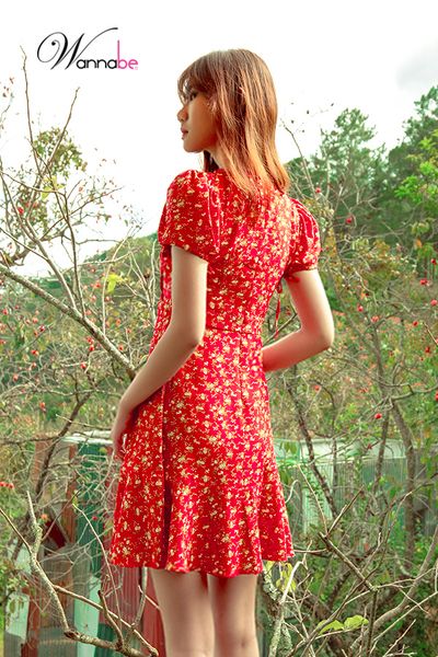 Váy hoa nhí thiết kế cao cấp Wannabe, đầm lụa DC006 tay cột nơ 2 kiểu xinh xắn 11