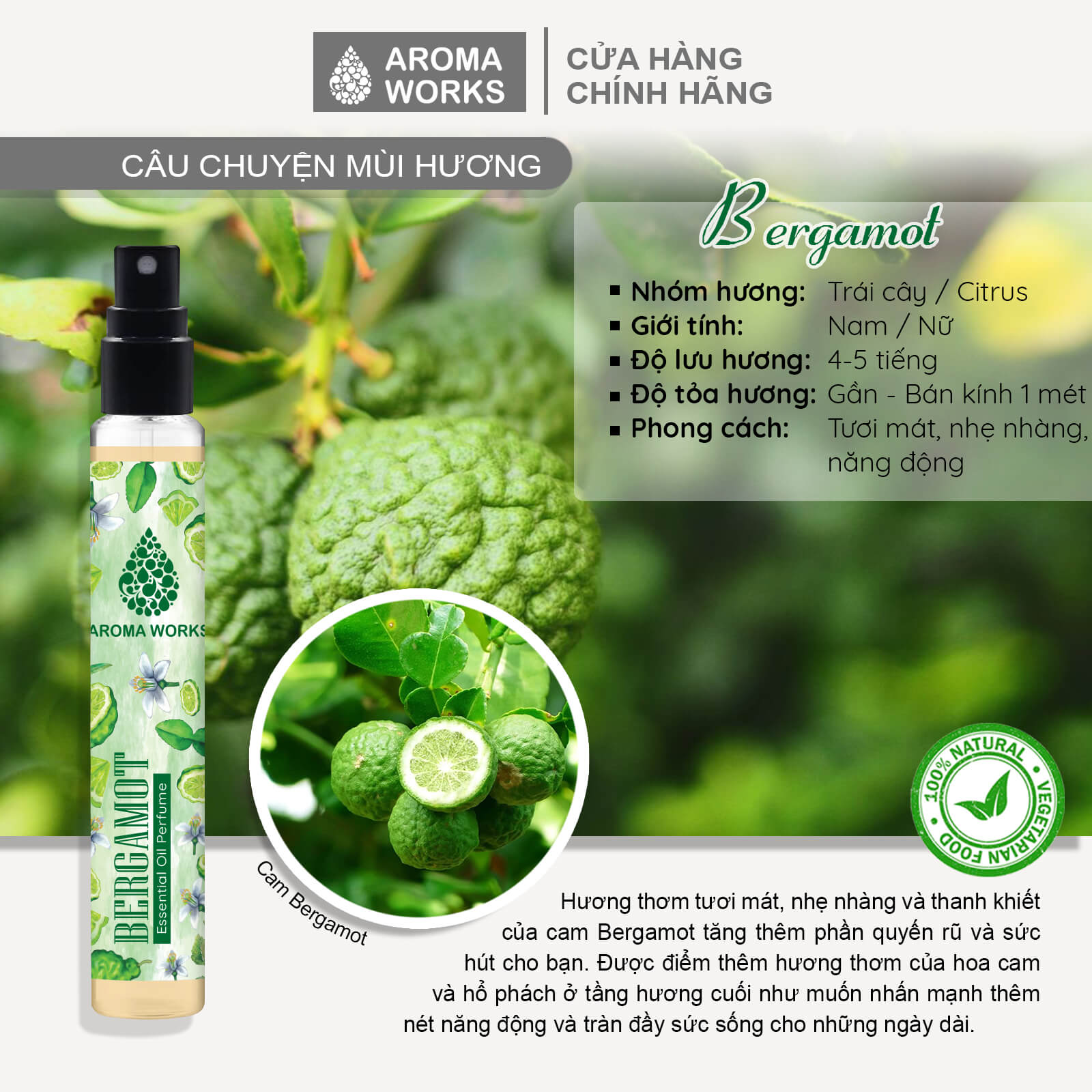 Tinh dầu nước hoa không cồn, lưu hương lâu Aroma Works Bergamot Essential Oil Perfume 10ml - Hương Cam Bergamot