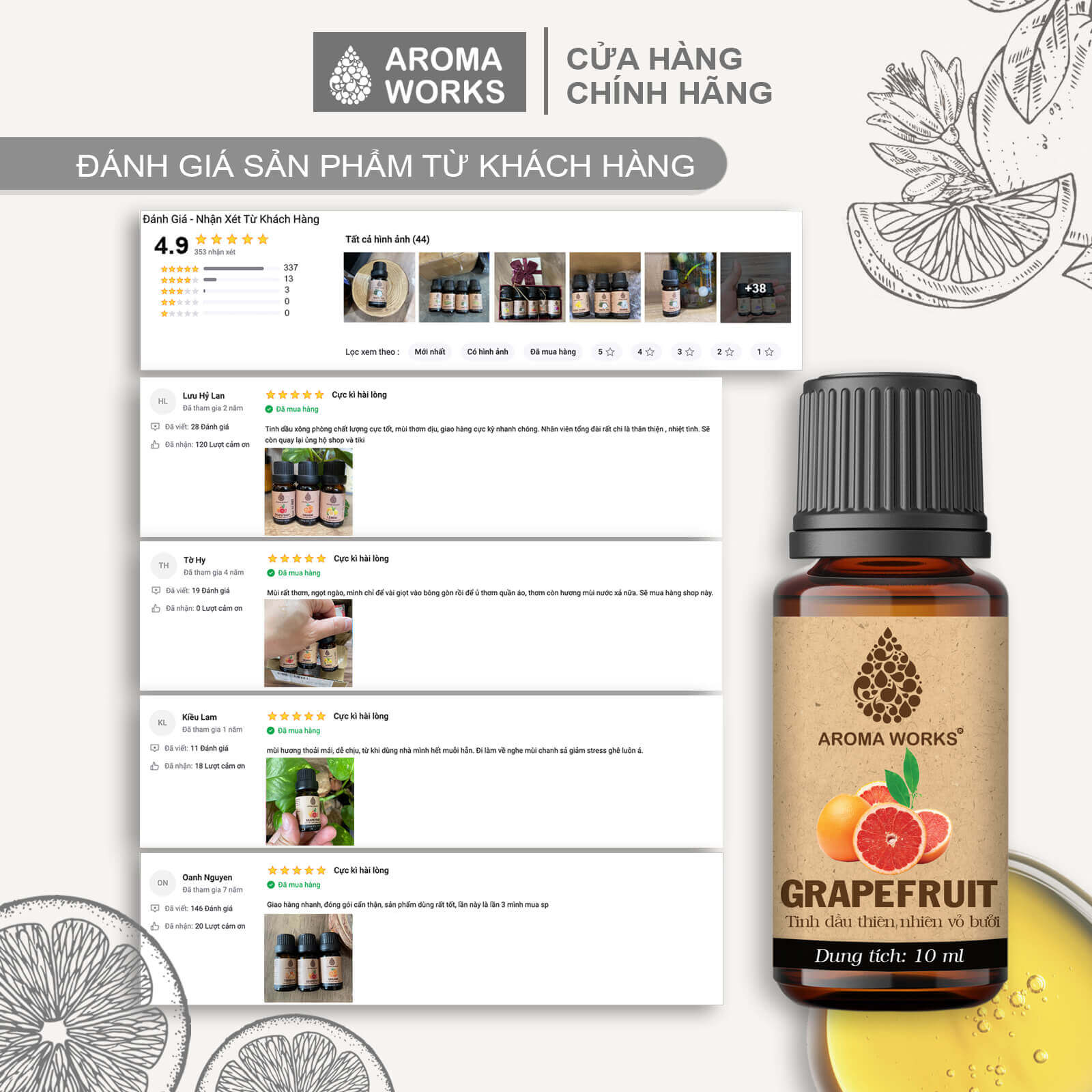 Tinh Dầu Bưởi Thiên Nhiên Thơm Phòng, Kích Thích Mọc Tóc, Dưỡng Tóc Aroma Works Grapfruit