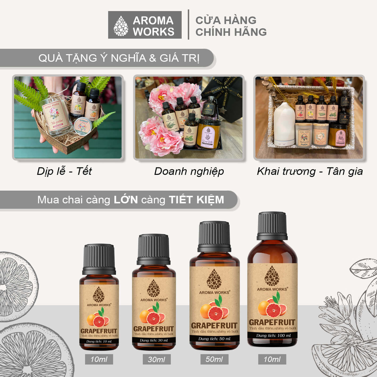 Tinh Dầu Bưởi Thiên Nhiên Thơm Phòng, Kích Thích Mọc Tóc, Dưỡng Tóc Aroma Works Grapfruit