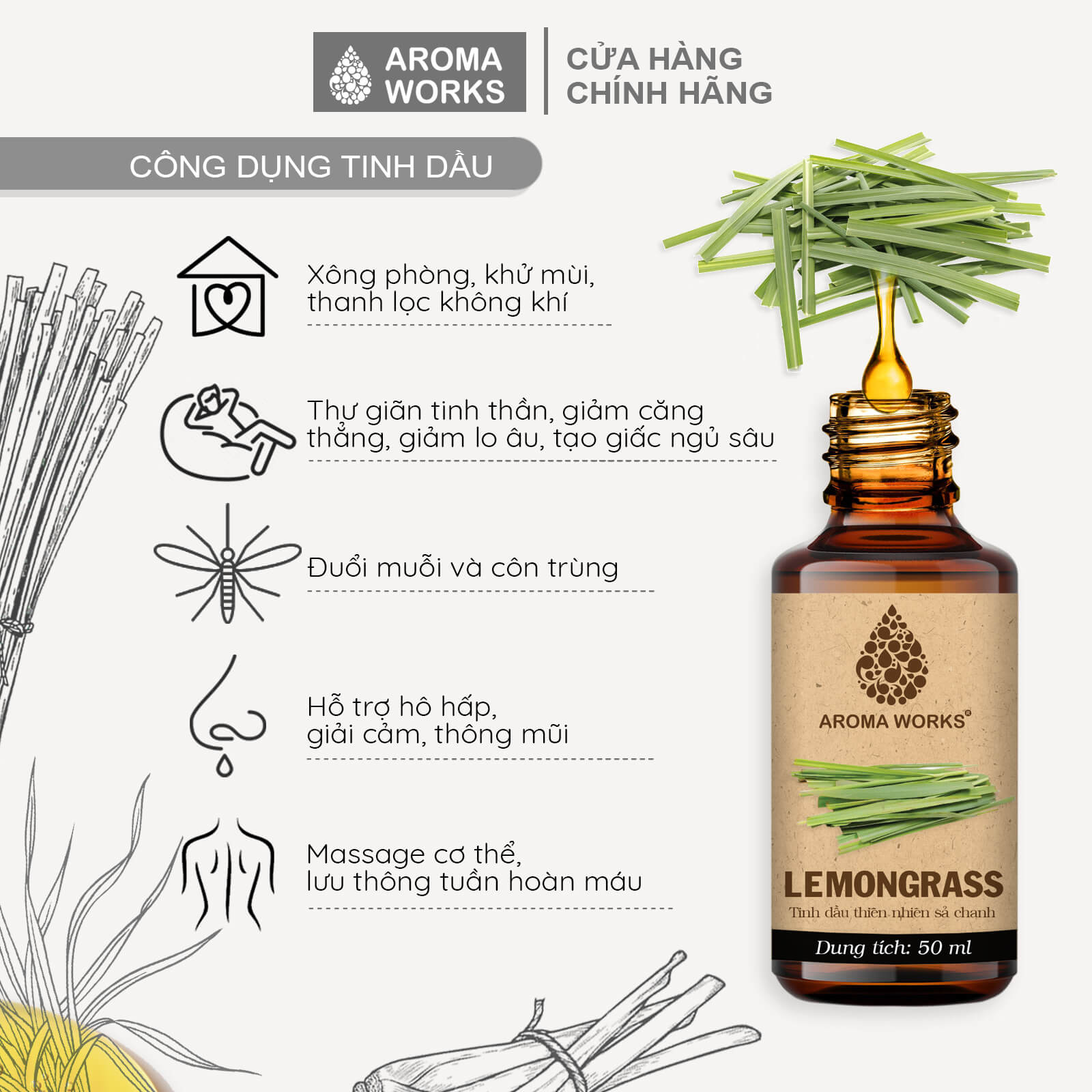 Tinh Dầu Sả Chanh Xông Phòng, Dễ Ngủ, Khử Mùi, Đuổi Muỗi, Thanh Lọc Không Khí Aroma Works Lemongrass