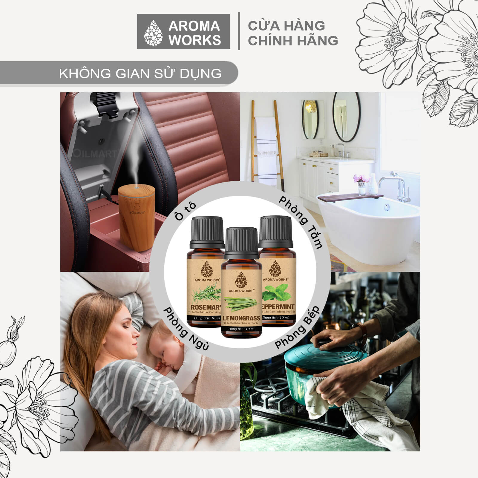 Tinh Dầu Sả Chanh Xông Phòng, Dễ Ngủ, Khử Mùi, Đuổi Muỗi, Thanh Lọc Không Khí Aroma Works Lemongrass