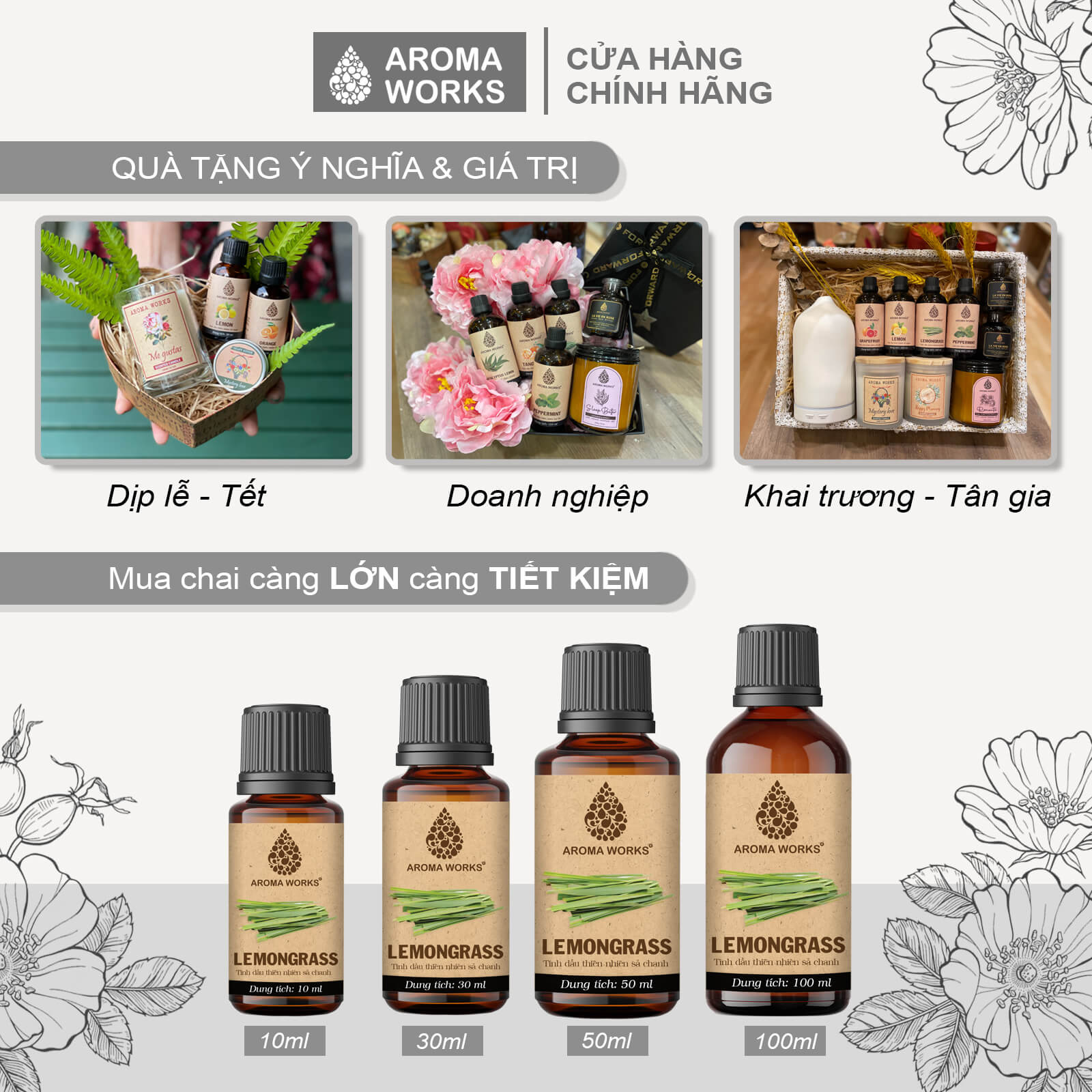 Tinh Dầu Sả Chanh Xông Phòng, Dễ Ngủ, Khử Mùi, Đuổi Muỗi, Thanh Lọc Không Khí Aroma Works Lemongrass