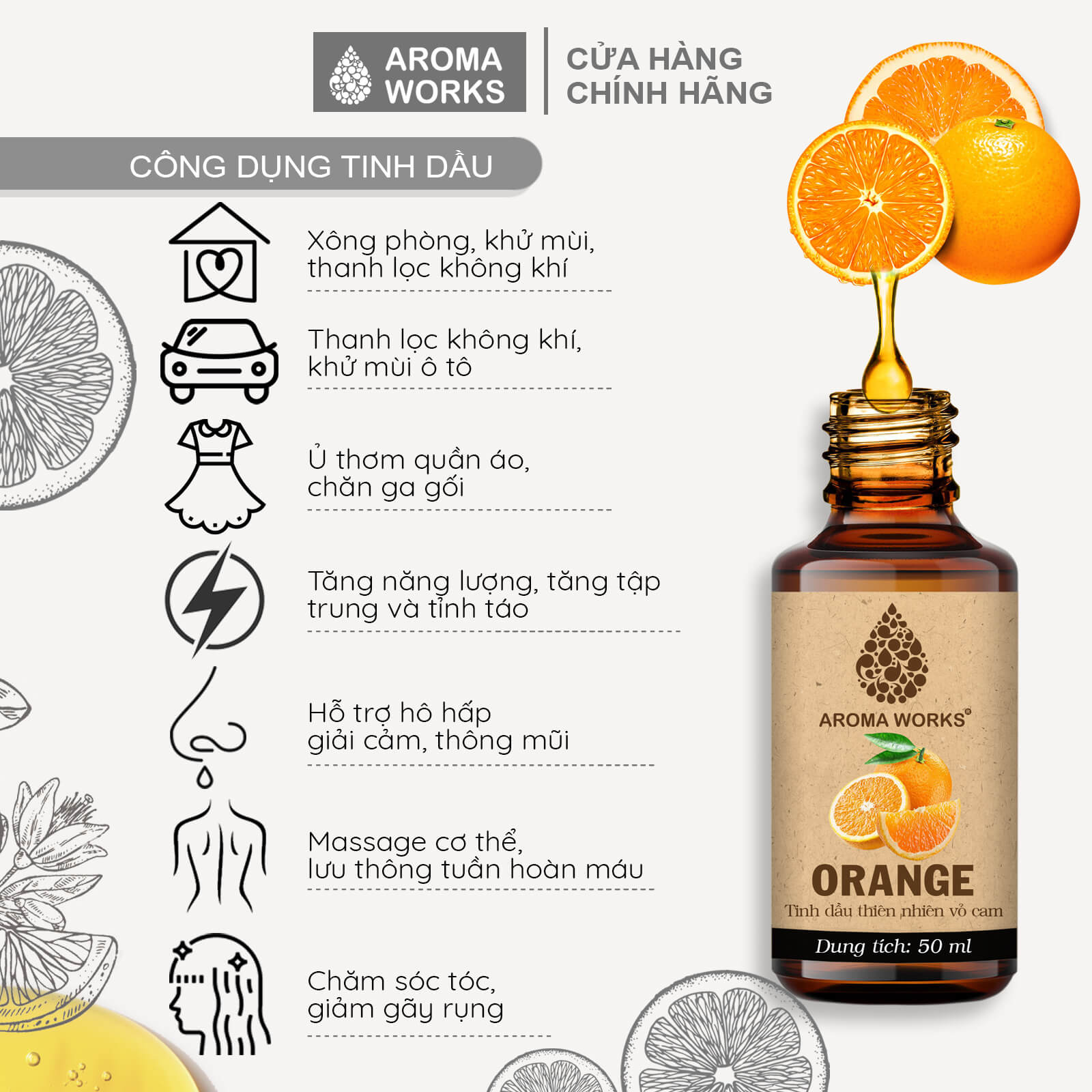 Tinh Dầu Cam Ngọt Thiên Nhiên Thơm Phòng, Đuổi Muỗi, Giải Cảm Aroma Works Orange