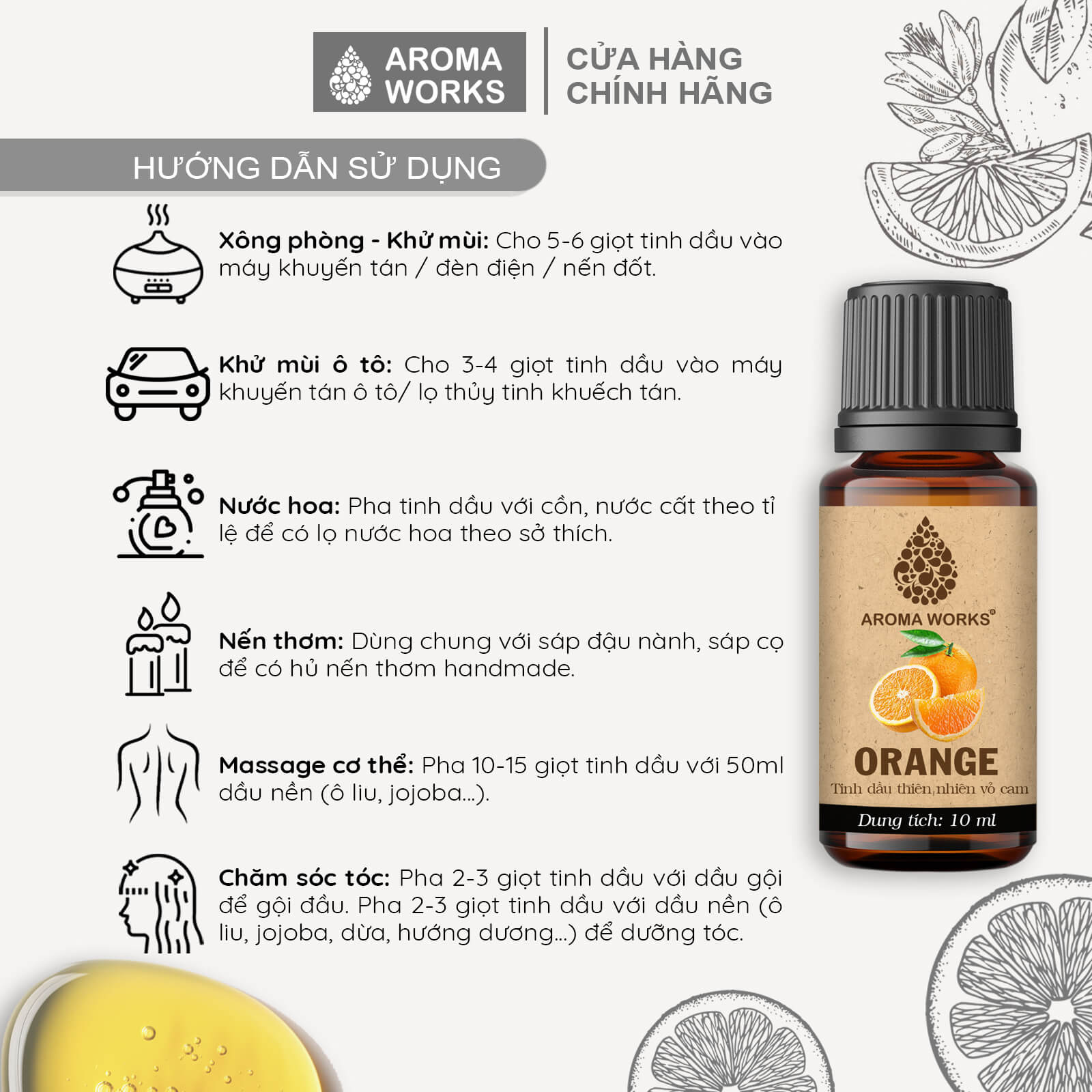 Tinh Dầu Cam Ngọt Thiên Nhiên Thơm Phòng, Đuổi Muỗi, Giải Cảm Aroma Works Orange