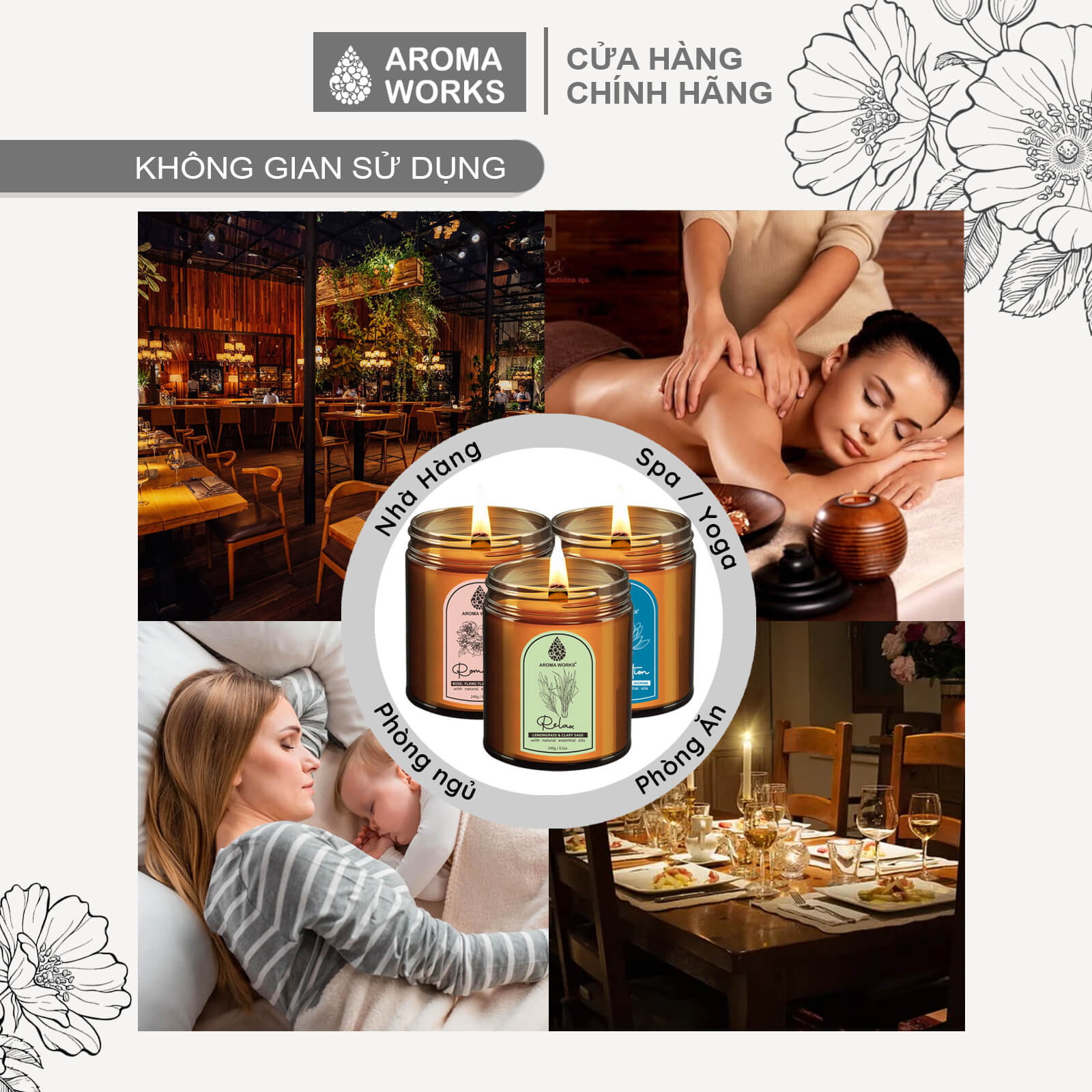 Nến Thơm Tinh Dầu Aroma Works liệu pháp mùi hương giúp dễ ngủ, thư giãn, thoải mái, lãng mạn, thiền, tăng năng lượng 240g