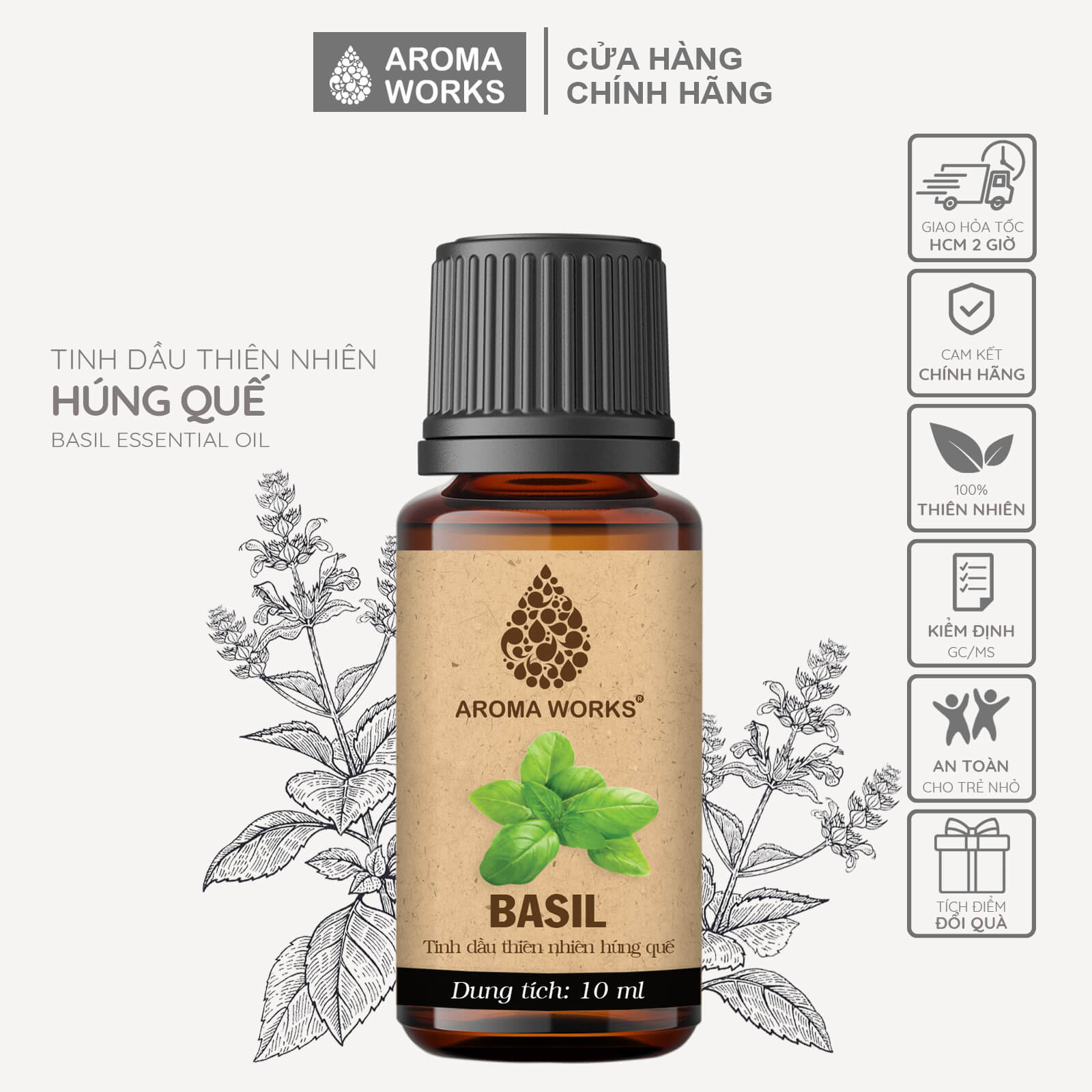 Tinh Dầu Húng Quế Xông Phòng, Khử Mùi, Giảm Mệt Mỏi, Giải Cảm, Massage Cơ thể Aroma Works Basil