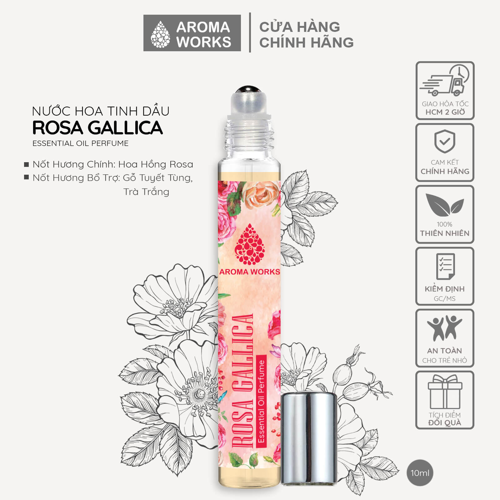 Tinh dầu nước hoa không cồn, lưu hương lâu Aroma Works Rosa Gallica Essential Oil Perfume 10ml